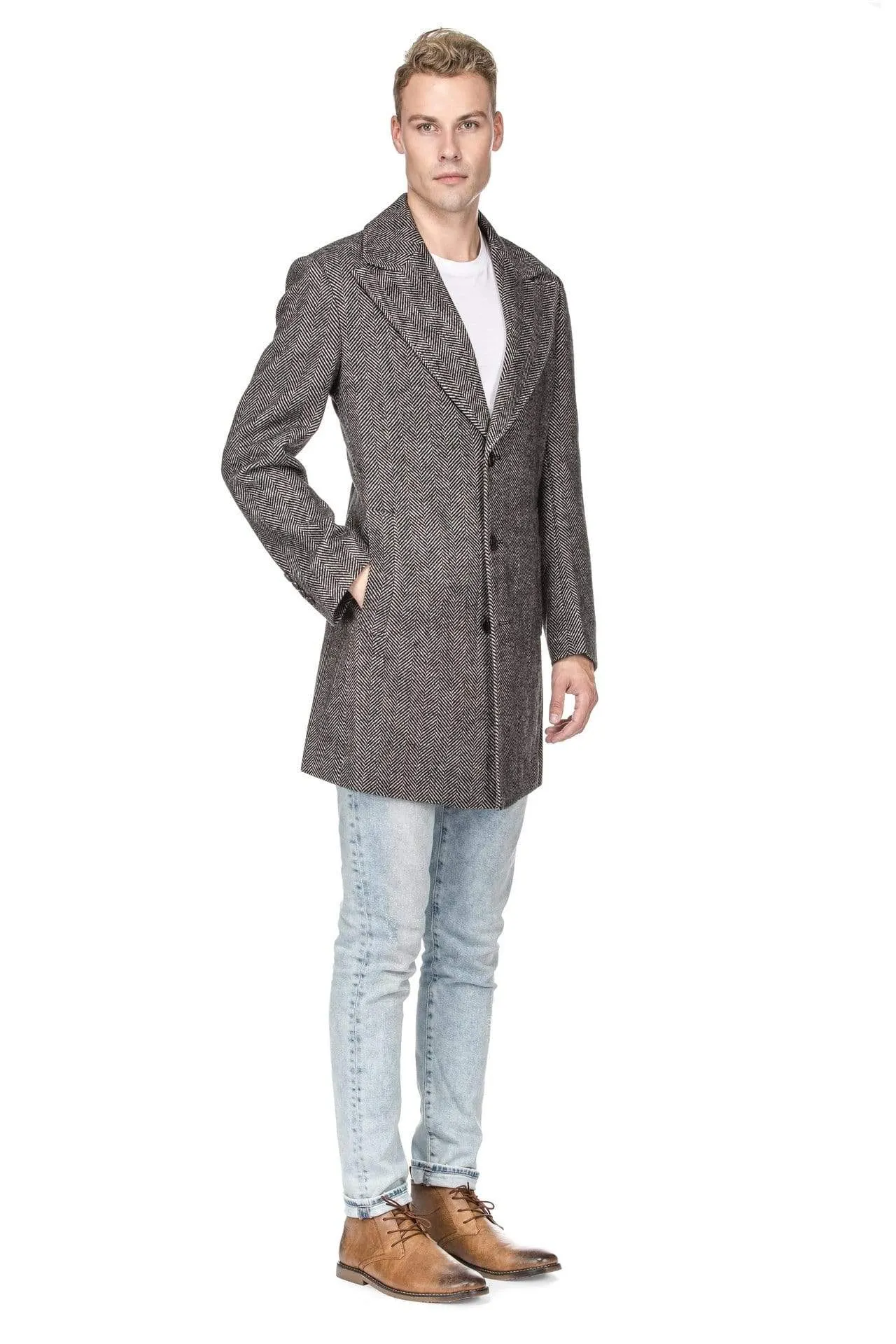 Men's Wool Blend Herringbone Top Coat Overcoat Topcoat Jacket