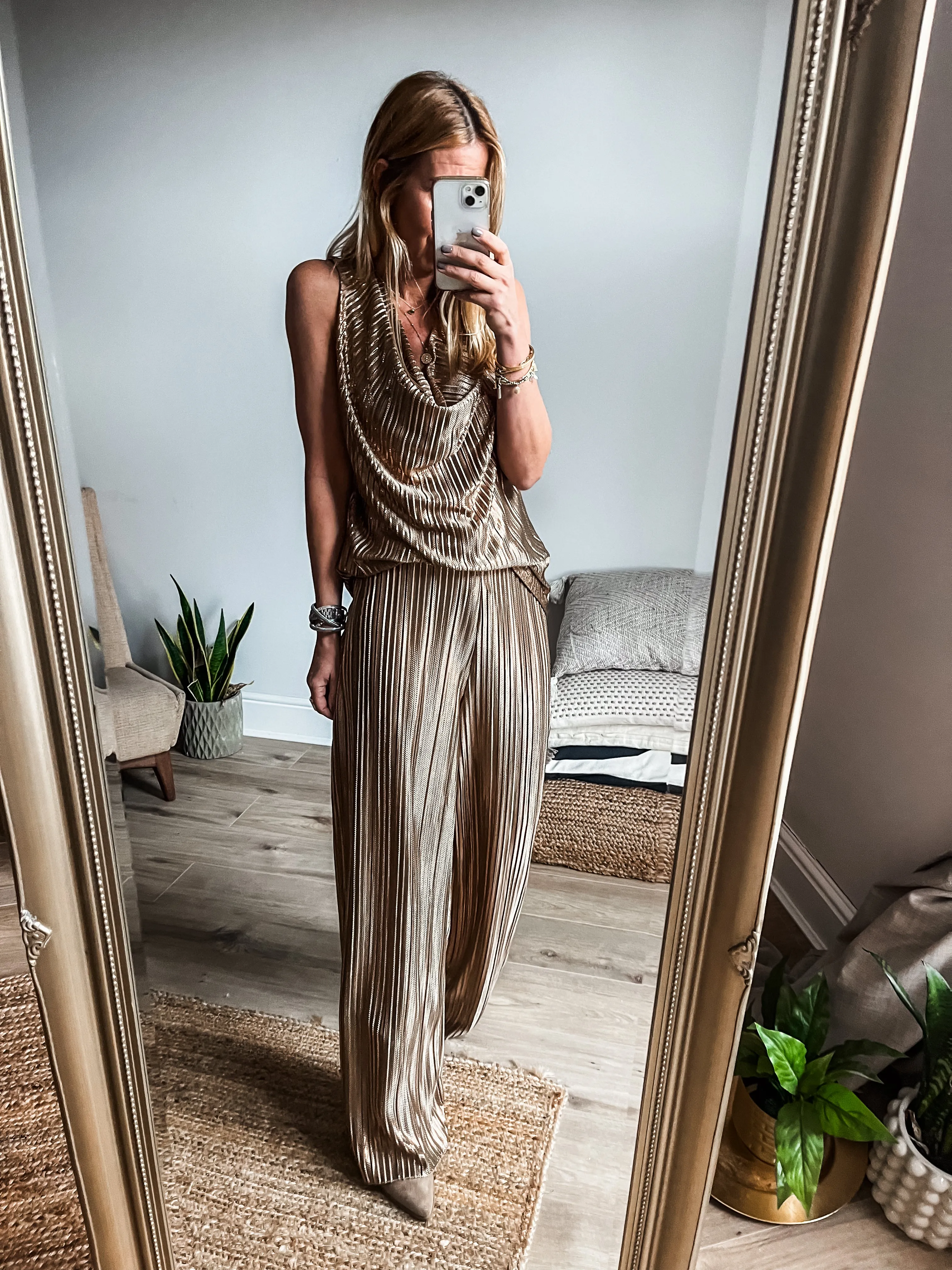 Metallic Pleated Wide Leg Trousers