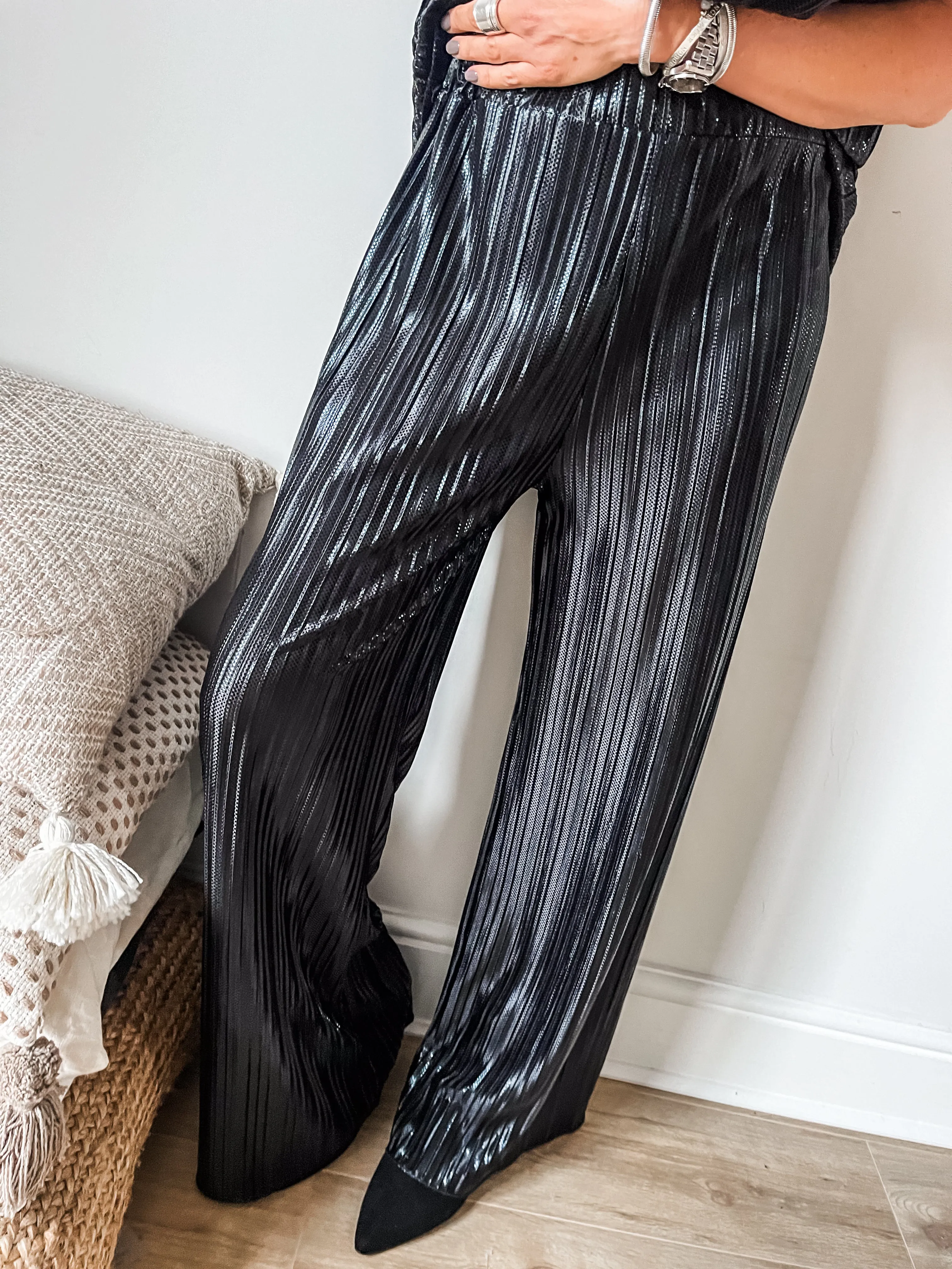 Metallic Pleated Wide Leg Trousers