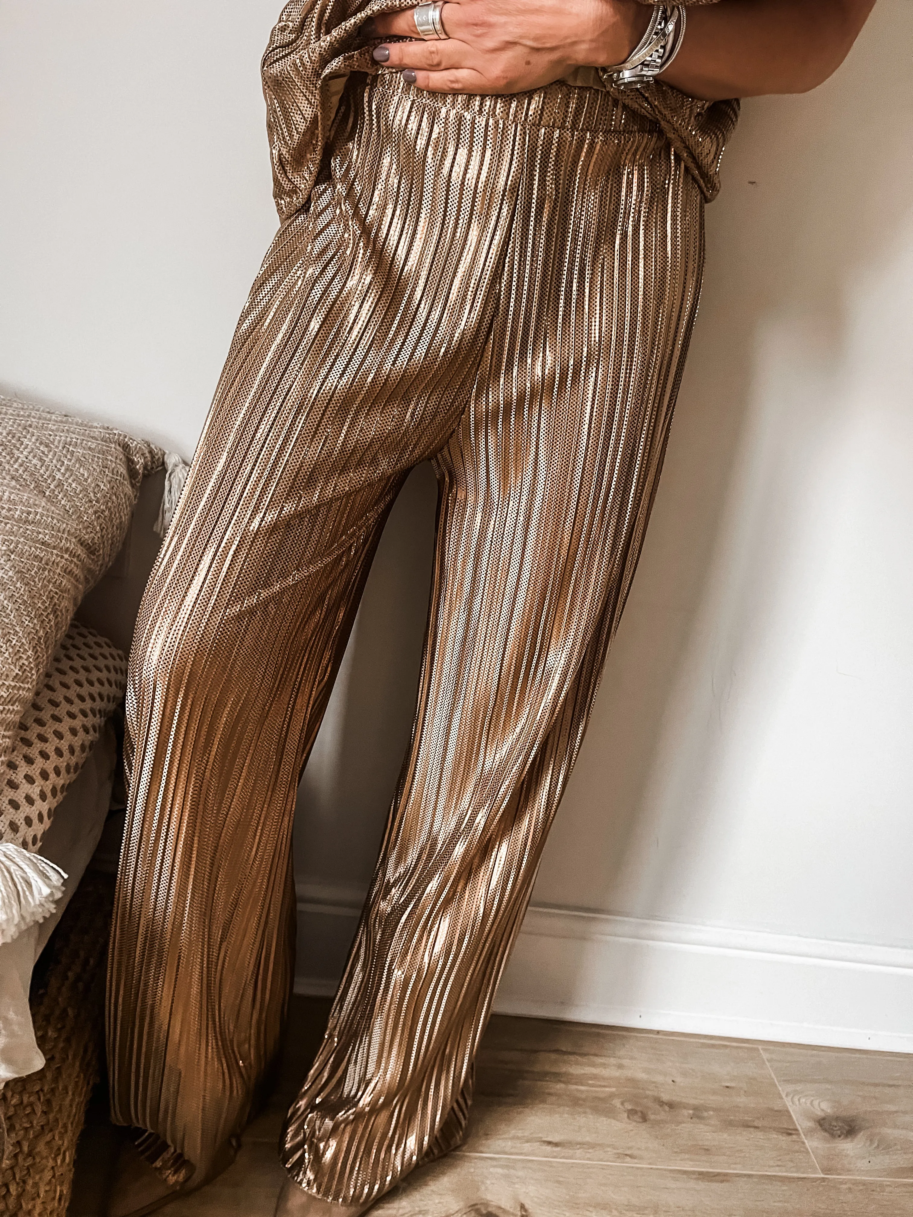 Metallic Pleated Wide Leg Trousers