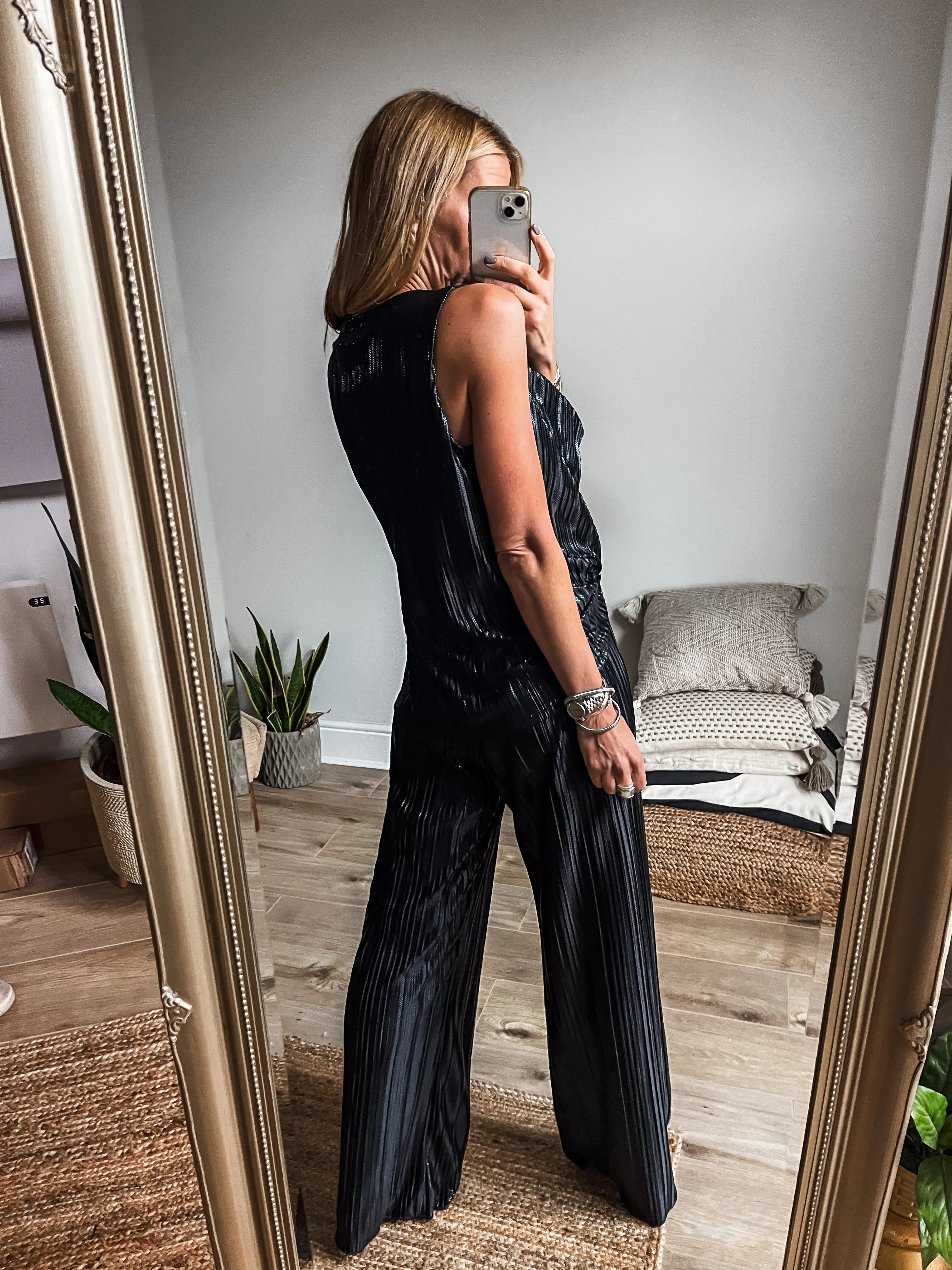 Metallic Pleated Wide Leg Trousers