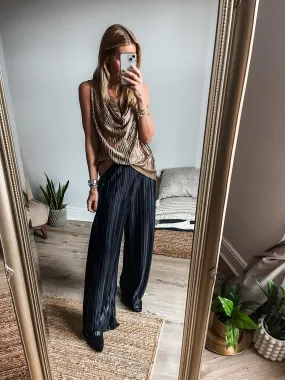 Metallic Pleated Wide Leg Trousers