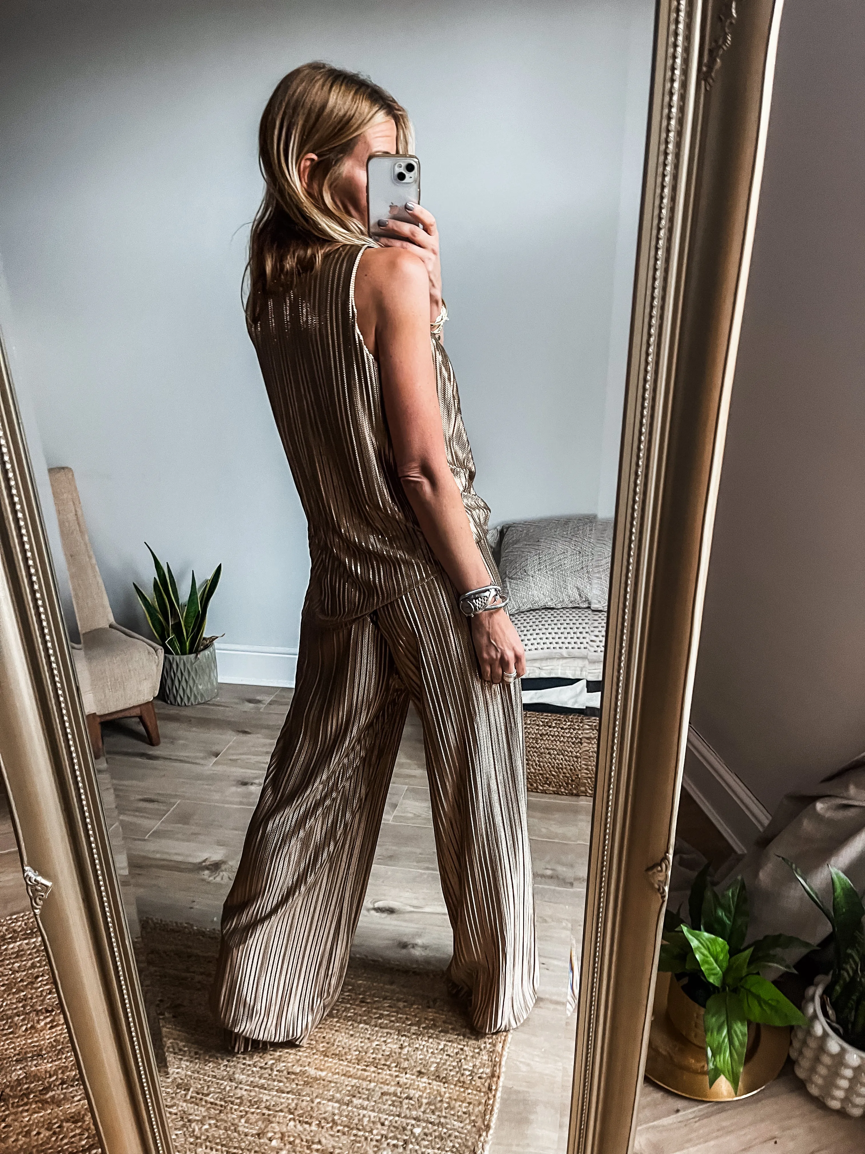 Metallic Pleated Wide Leg Trousers