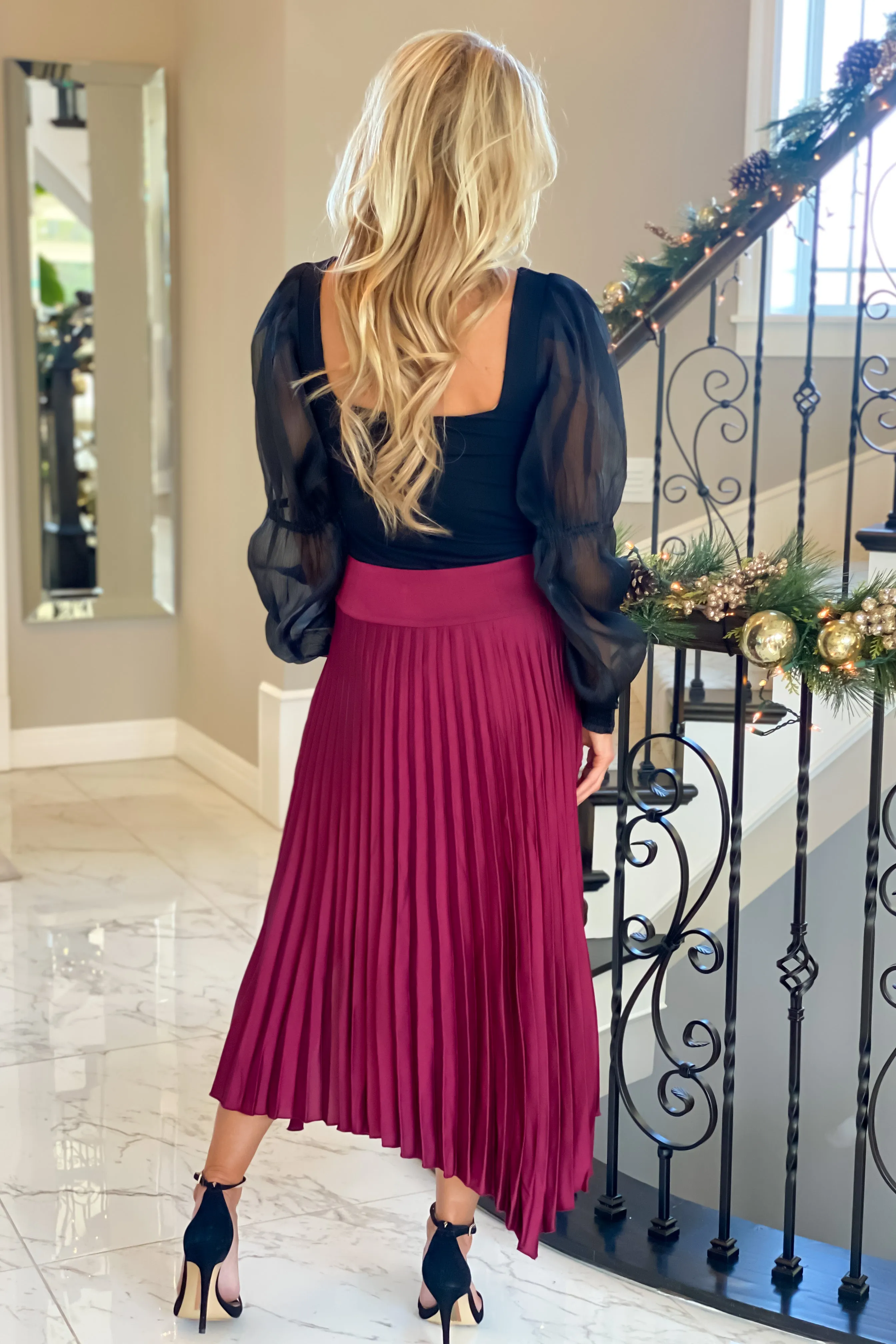 Nothing Compares Satin Pleated Midi Skirt : Wine