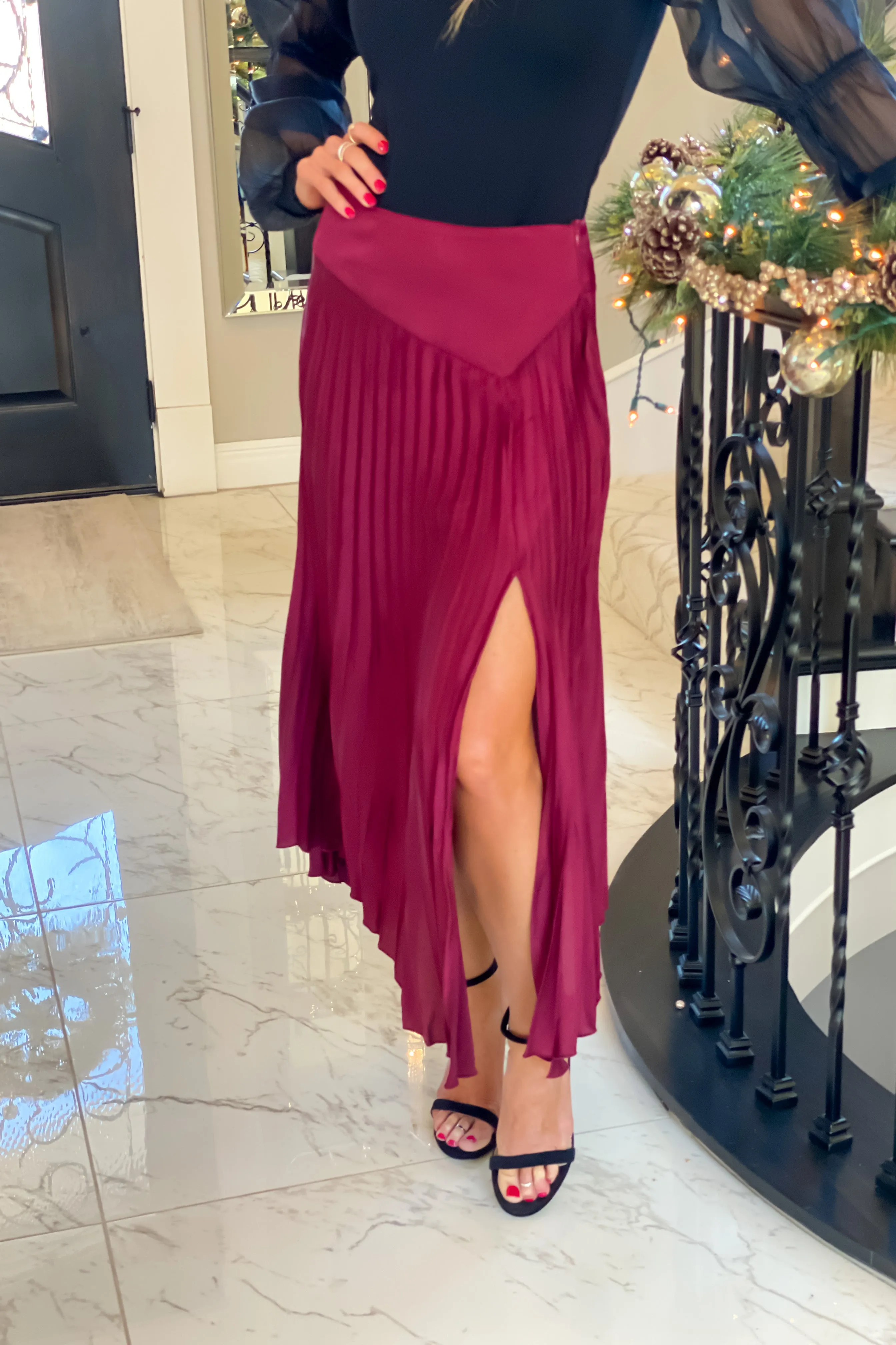 Nothing Compares Satin Pleated Midi Skirt : Wine