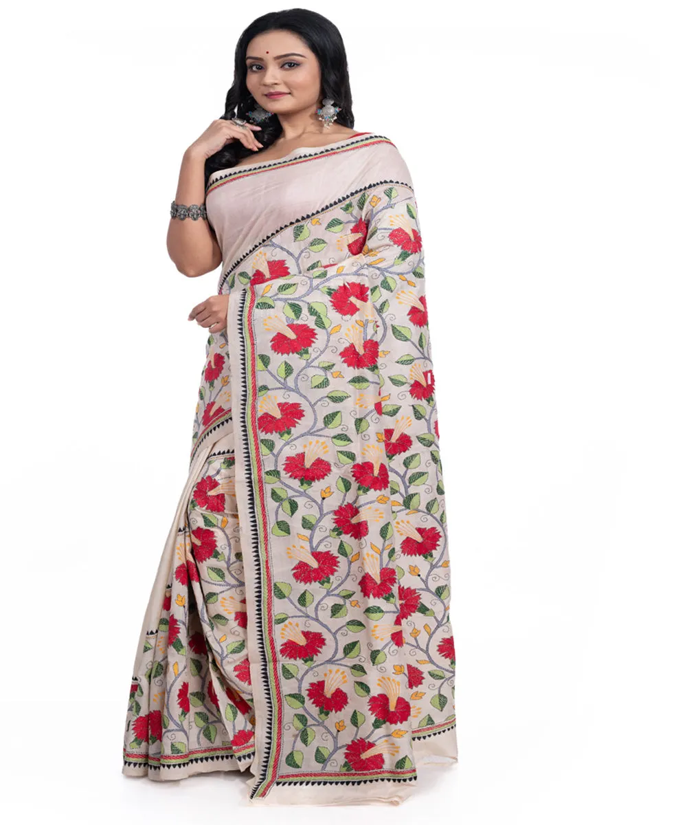 Offwhite red handwoven tussar silk kantha stitched saree