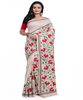 Offwhite red handwoven tussar silk kantha stitched saree