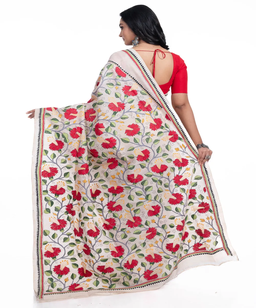 Offwhite red handwoven tussar silk kantha stitched saree