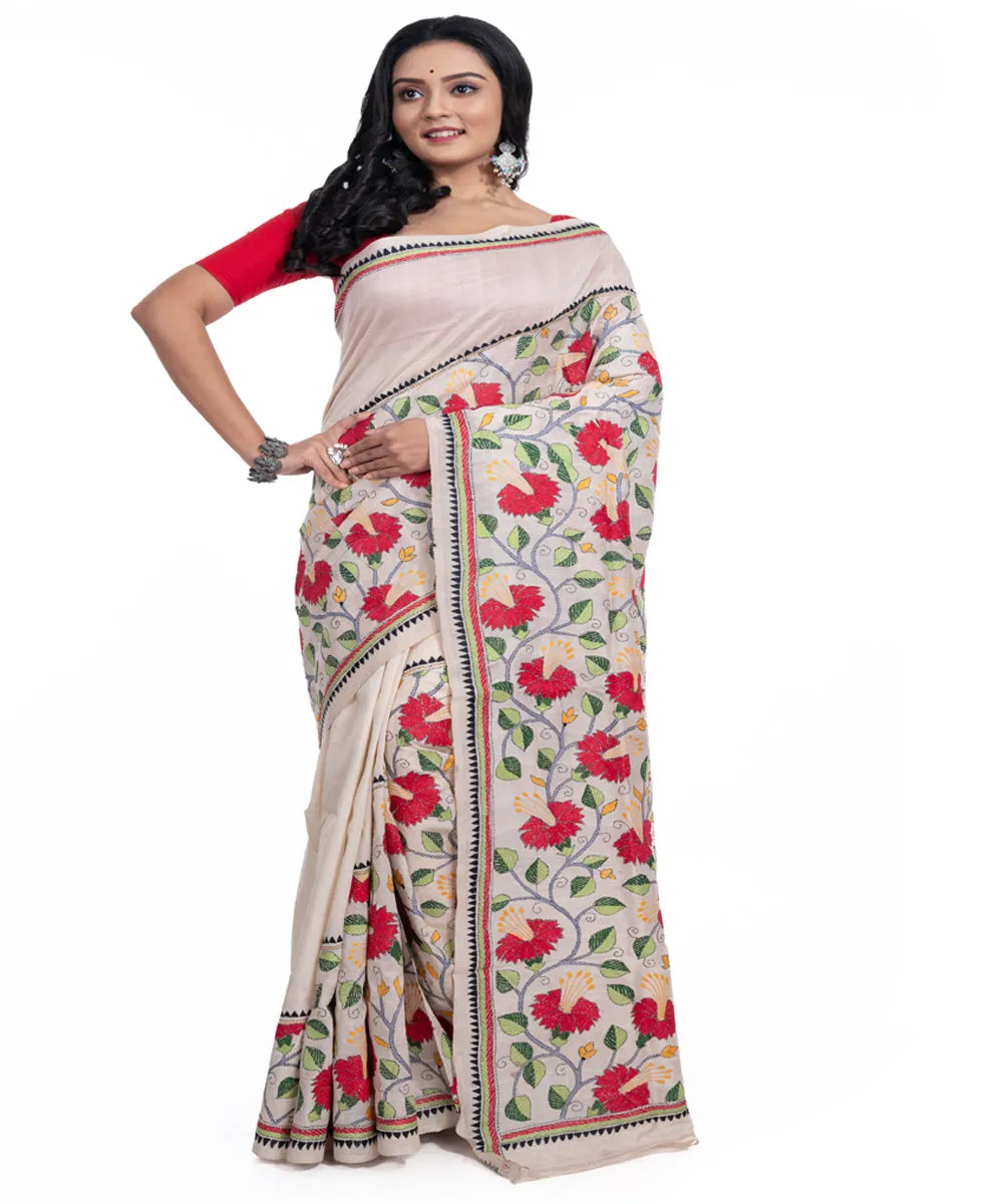 Offwhite red handwoven tussar silk kantha stitched saree