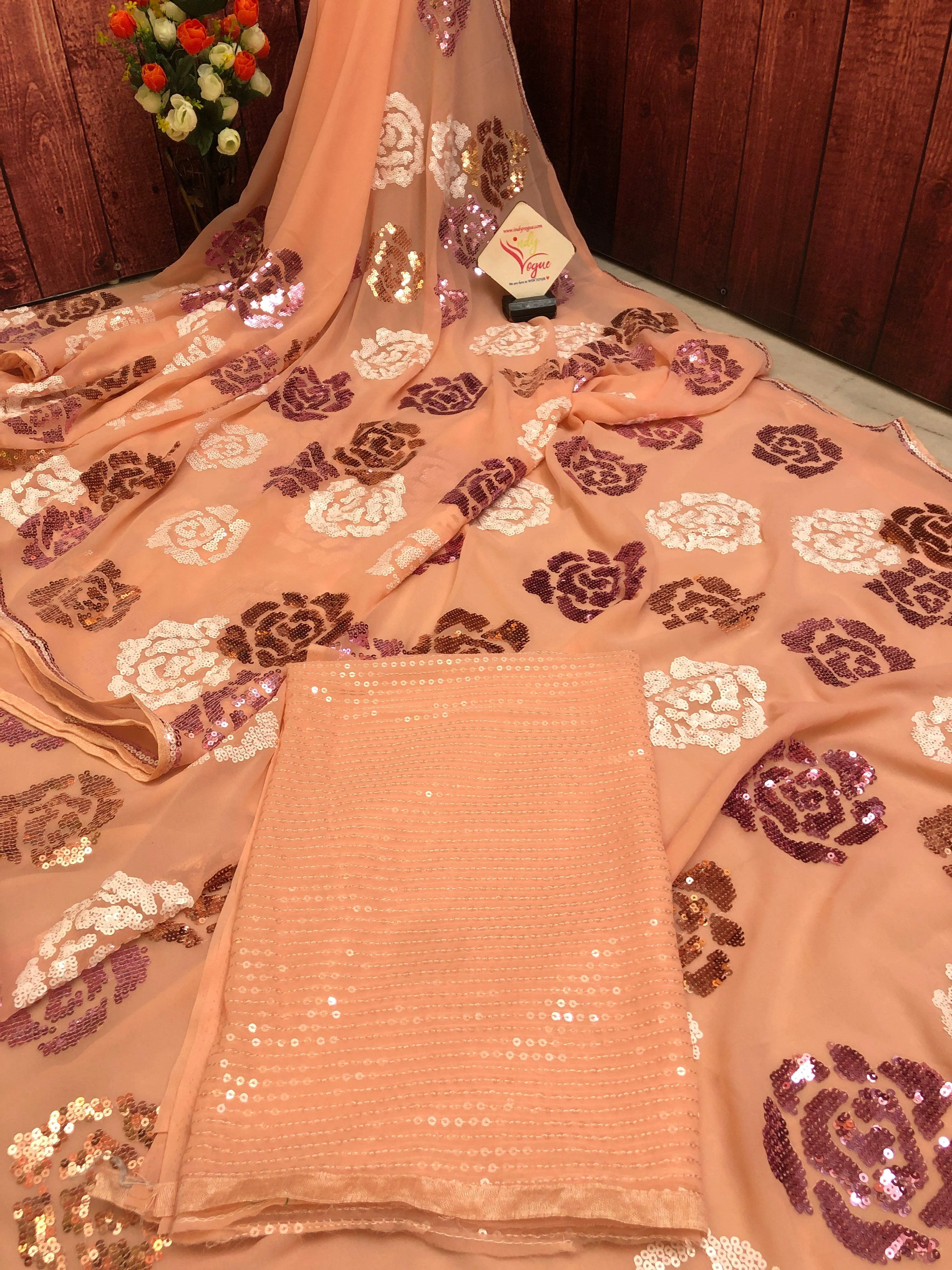 Peach Color Georgette Designer Sequin Saree