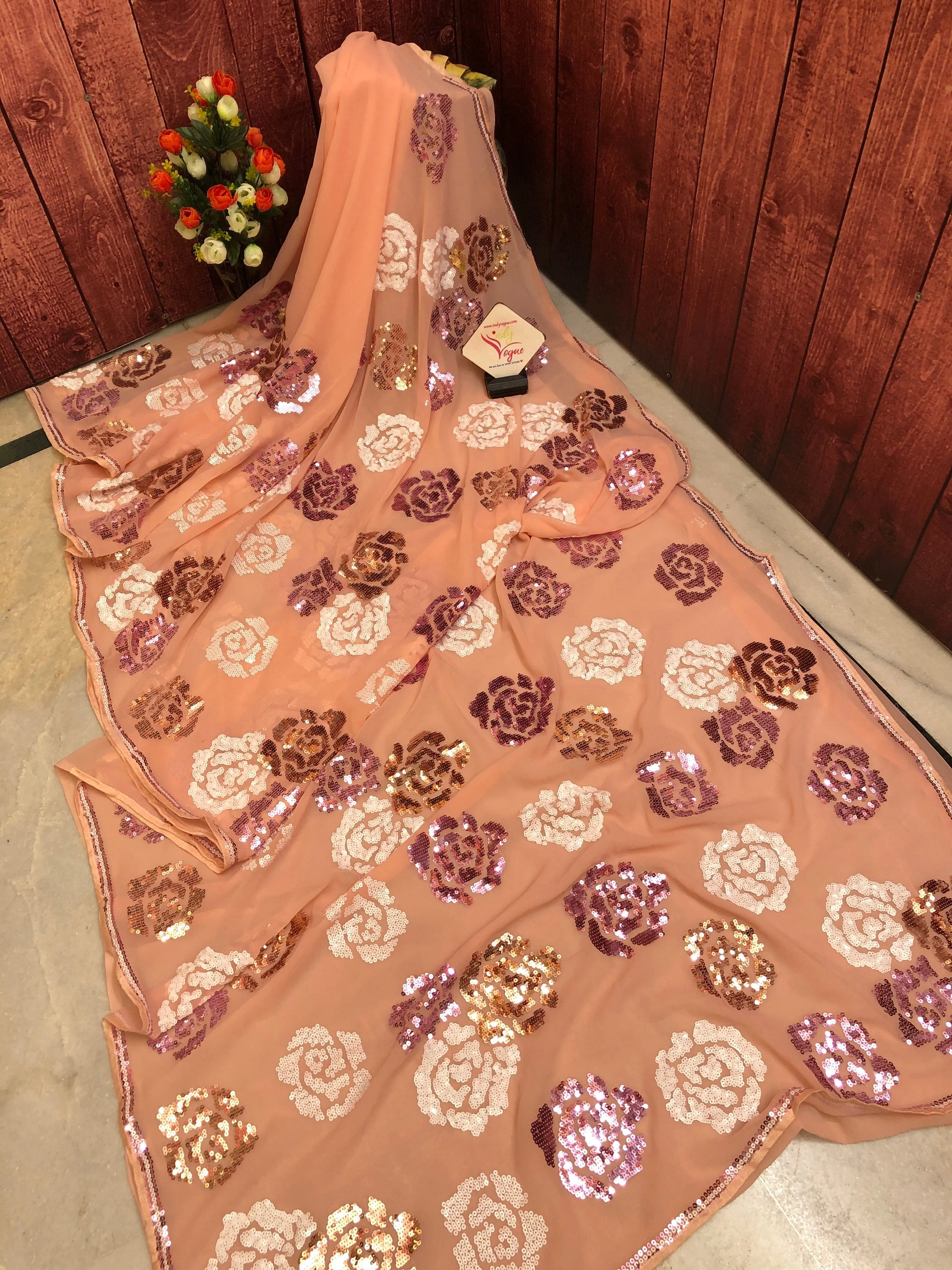 Peach Color Georgette Designer Sequin Saree