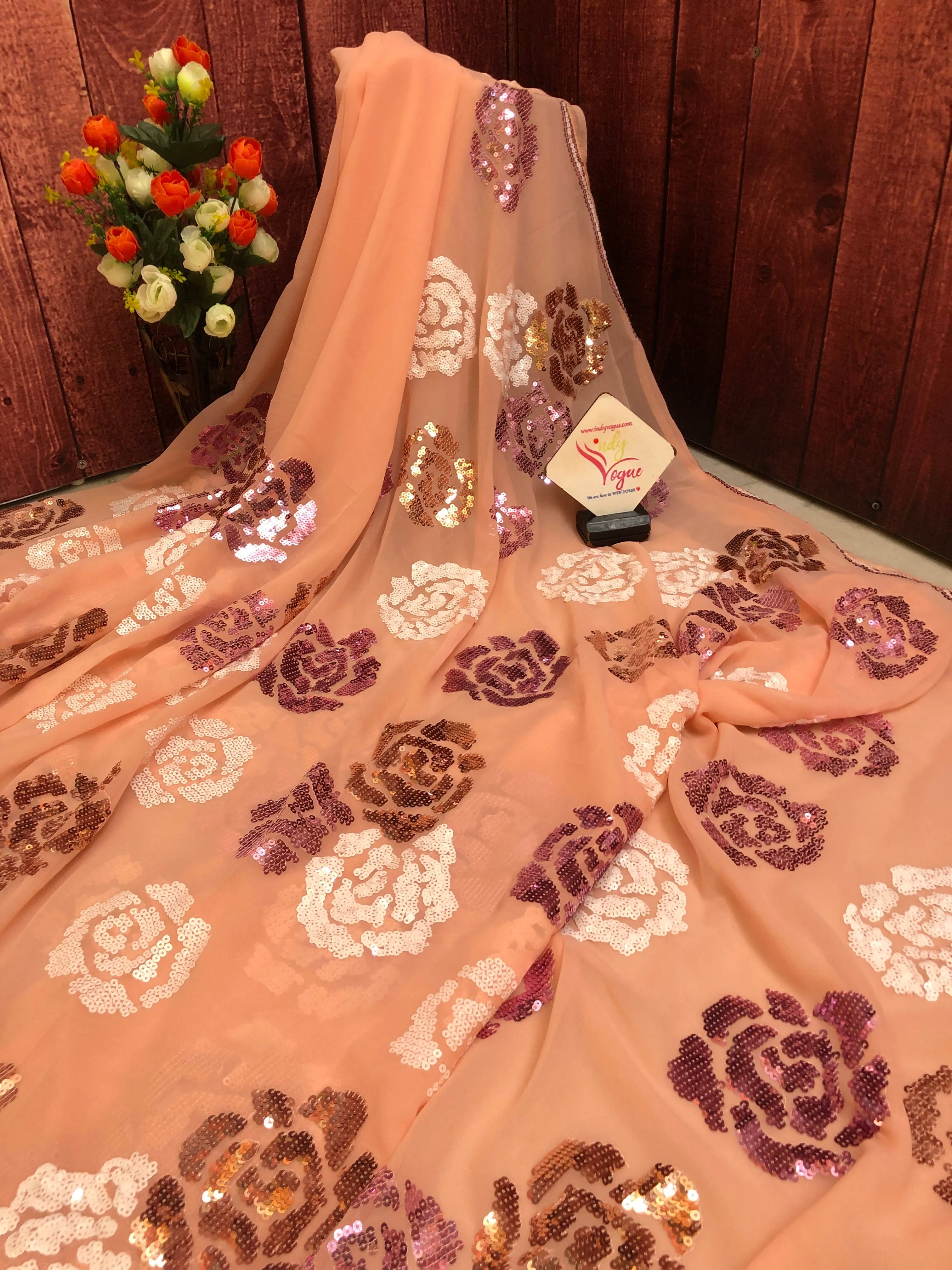 Peach Color Georgette Designer Sequin Saree