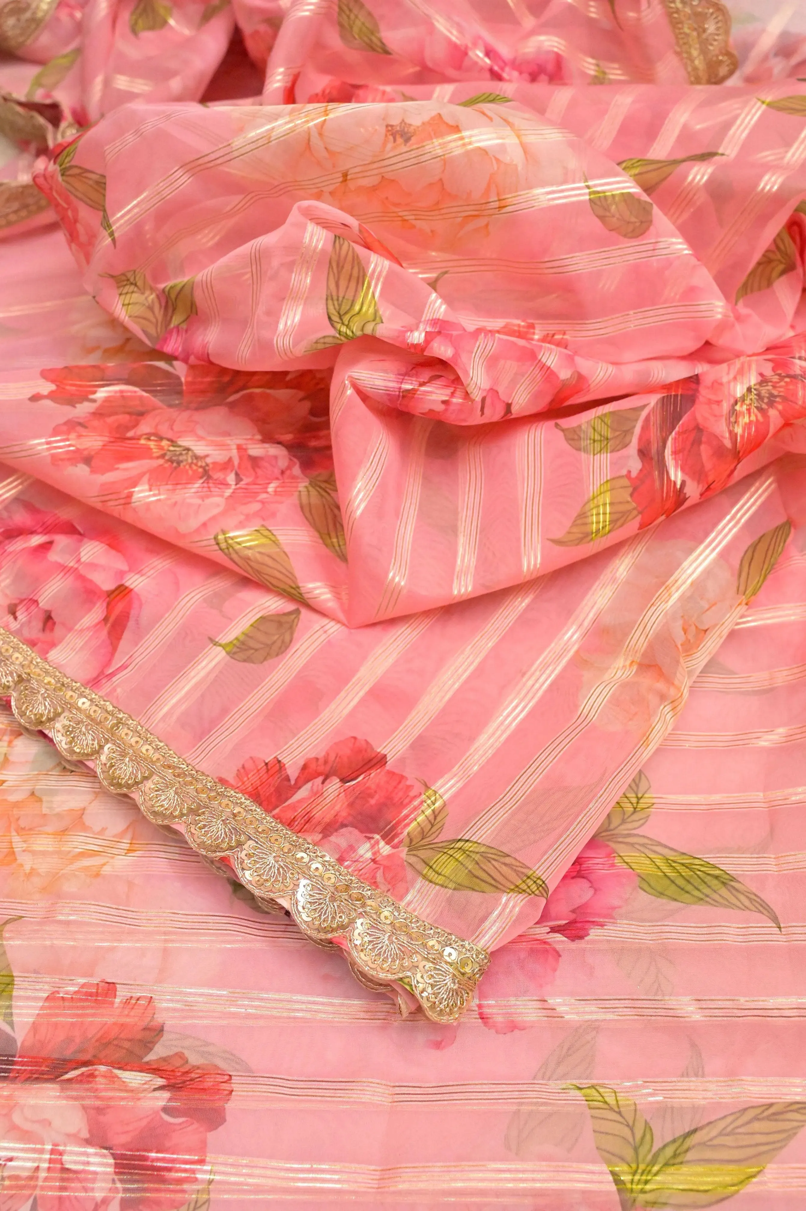 Pink Color Designer Organza Saree with Floral Print and Zari Work