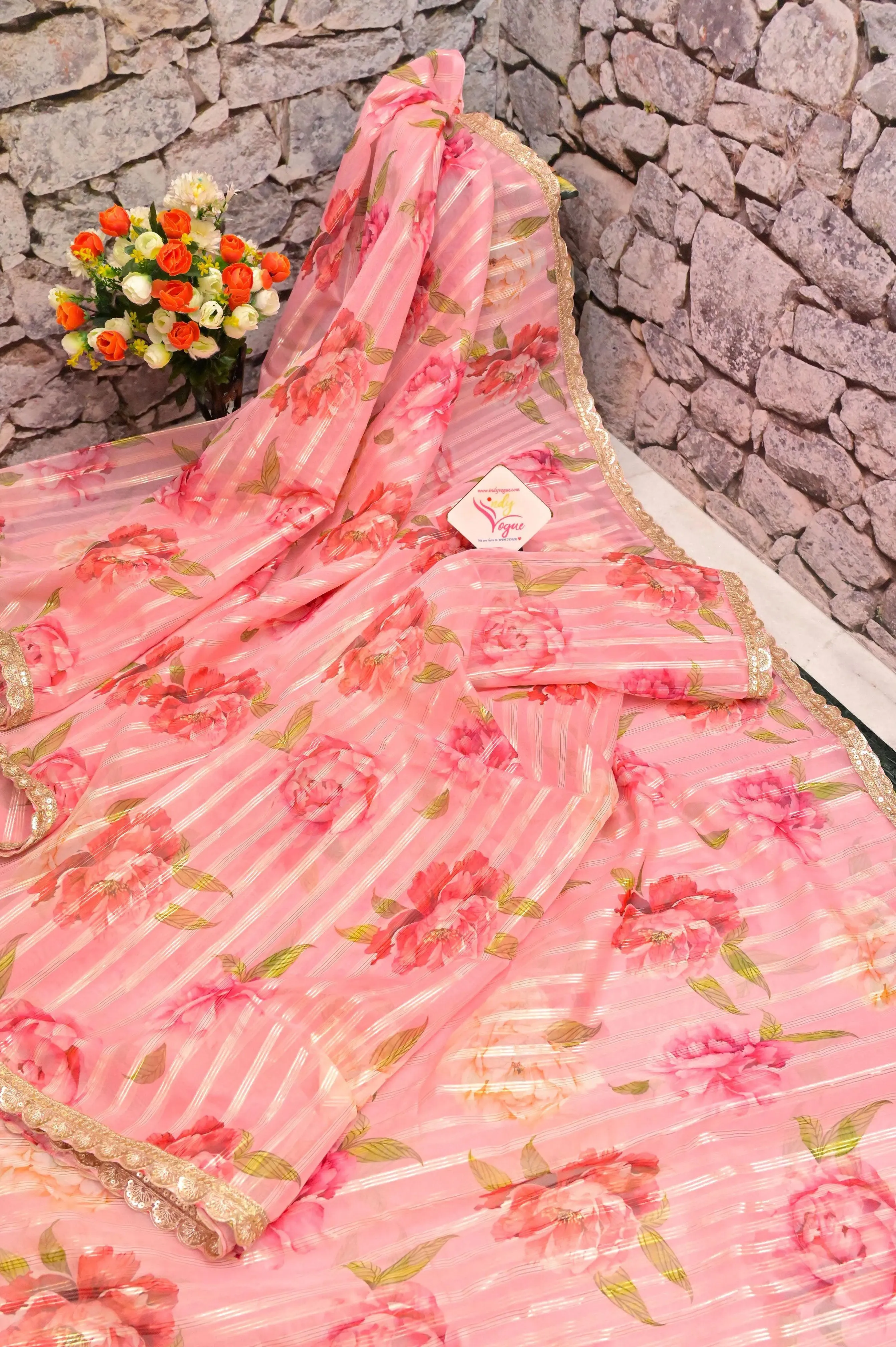 Pink Color Designer Organza Saree with Floral Print and Zari Work