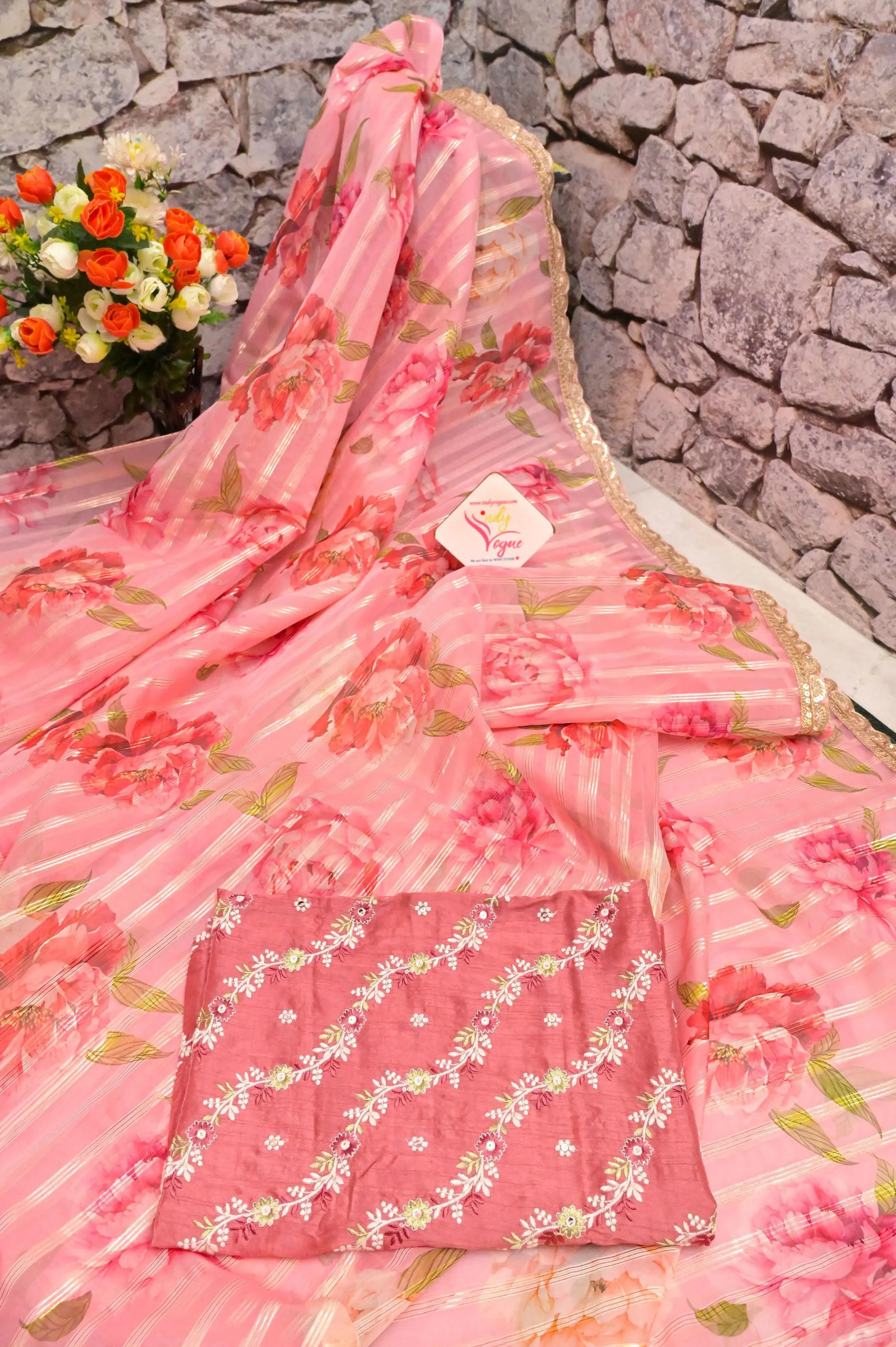 Pink Color Designer Organza Saree with Floral Print and Zari Work