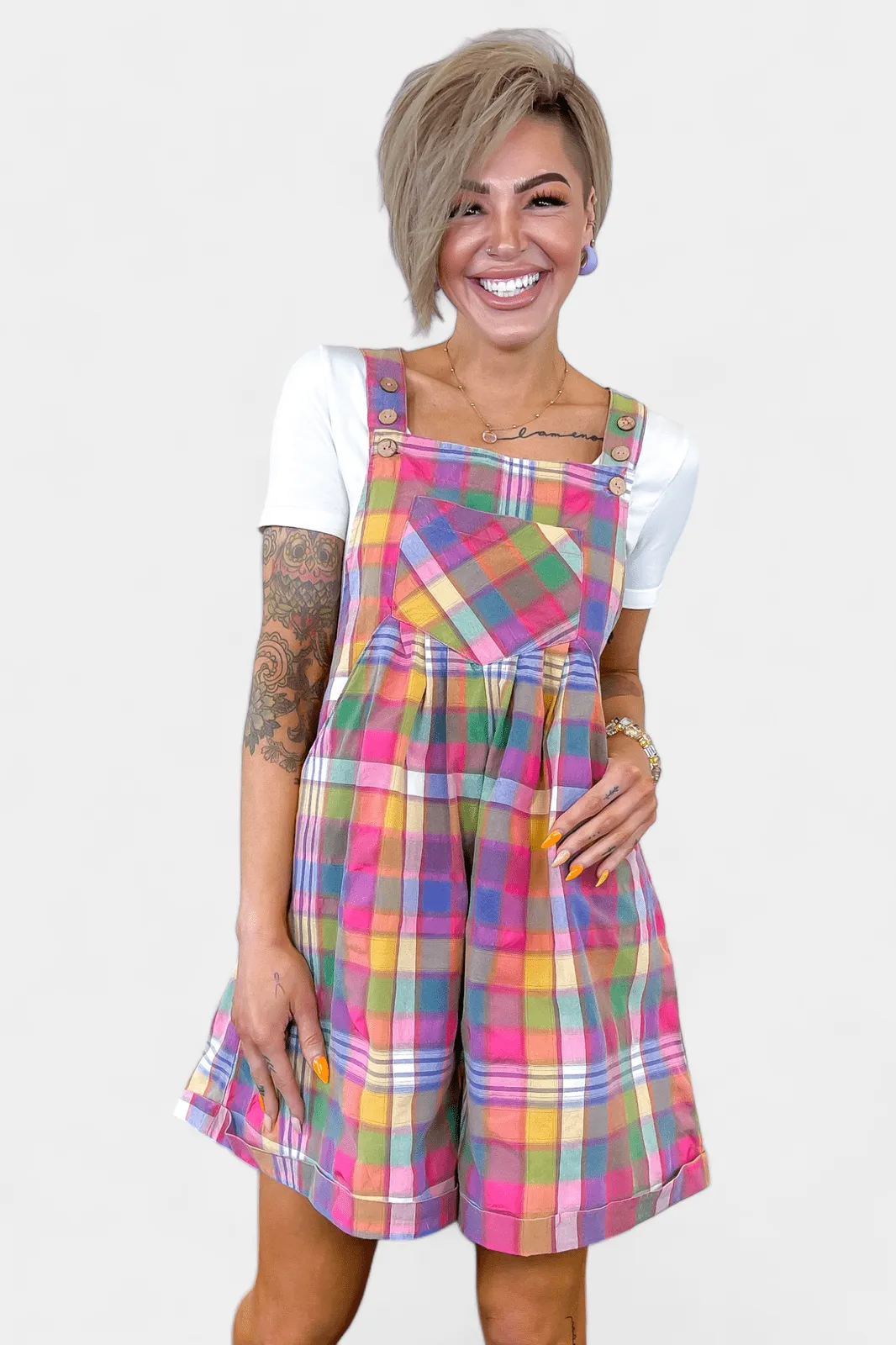 Plaid Wide Leg Short Overalls