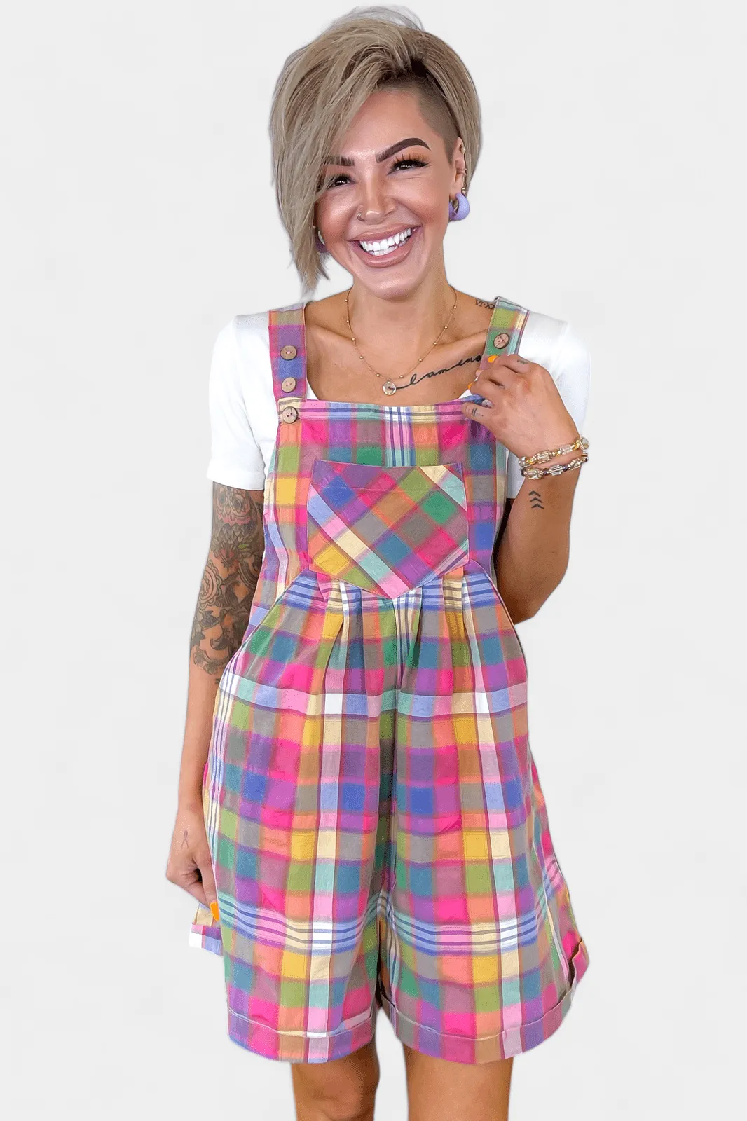 Plaid Wide Leg Short Overalls