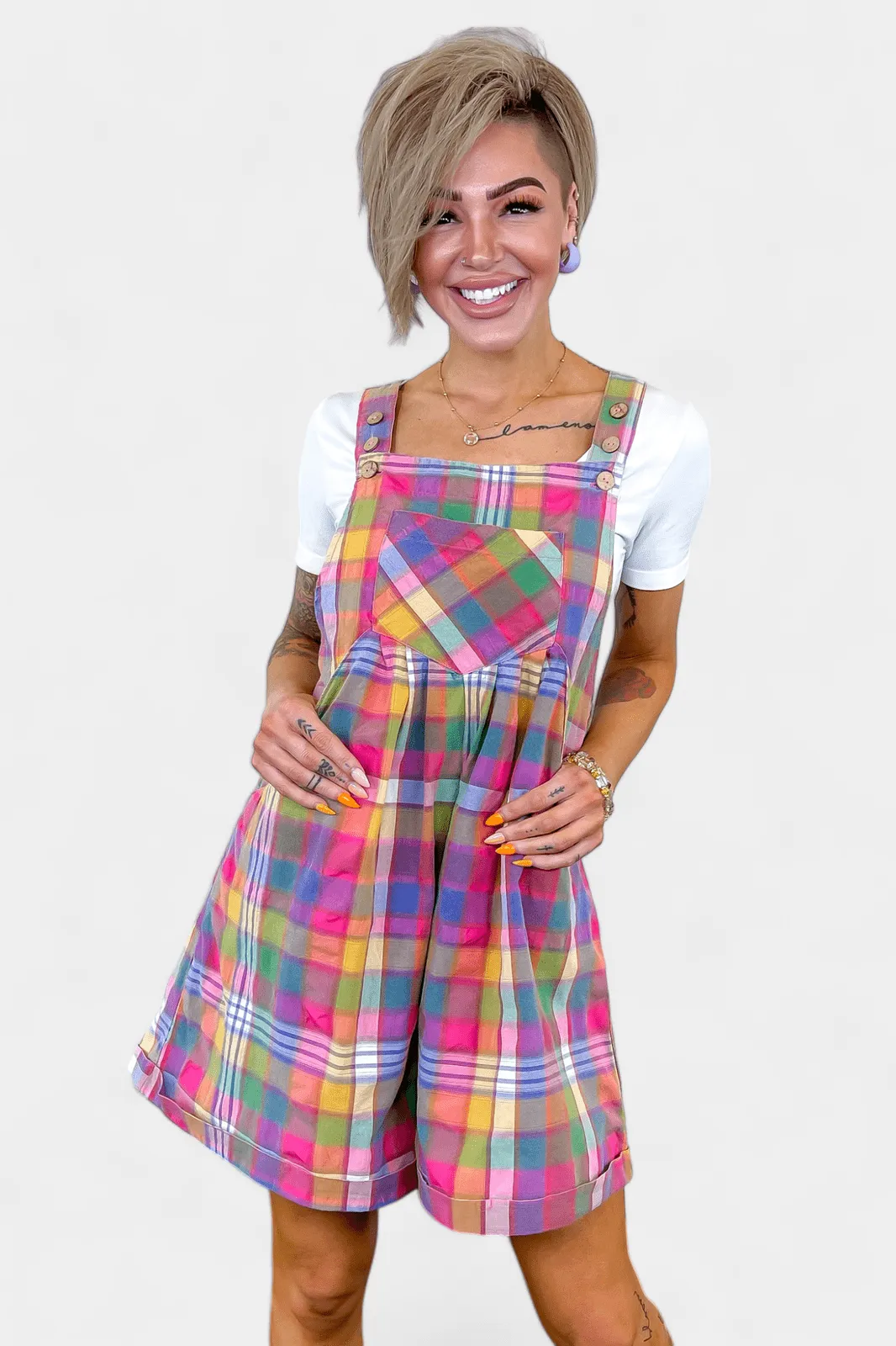 Plaid Wide Leg Short Overalls