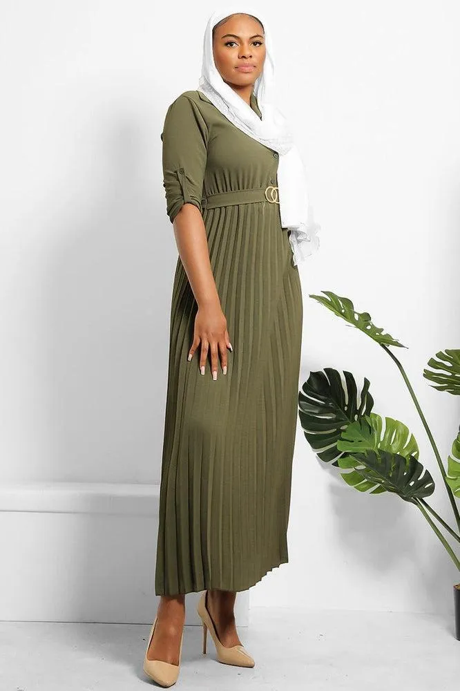 Pleated Skirt Logo Belt Buttoned Modest Dress