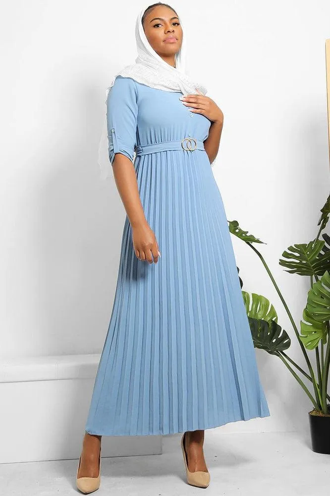 Pleated Skirt Logo Belt Buttoned Modest Dress