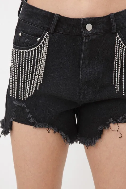 Presley Rhinestone Denim Shorts- Black