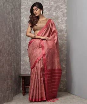 Red peach handwoven chhatisgarh tussar silk saree