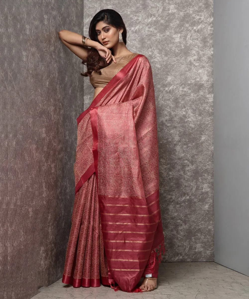 Red peach handwoven chhatisgarh tussar silk saree