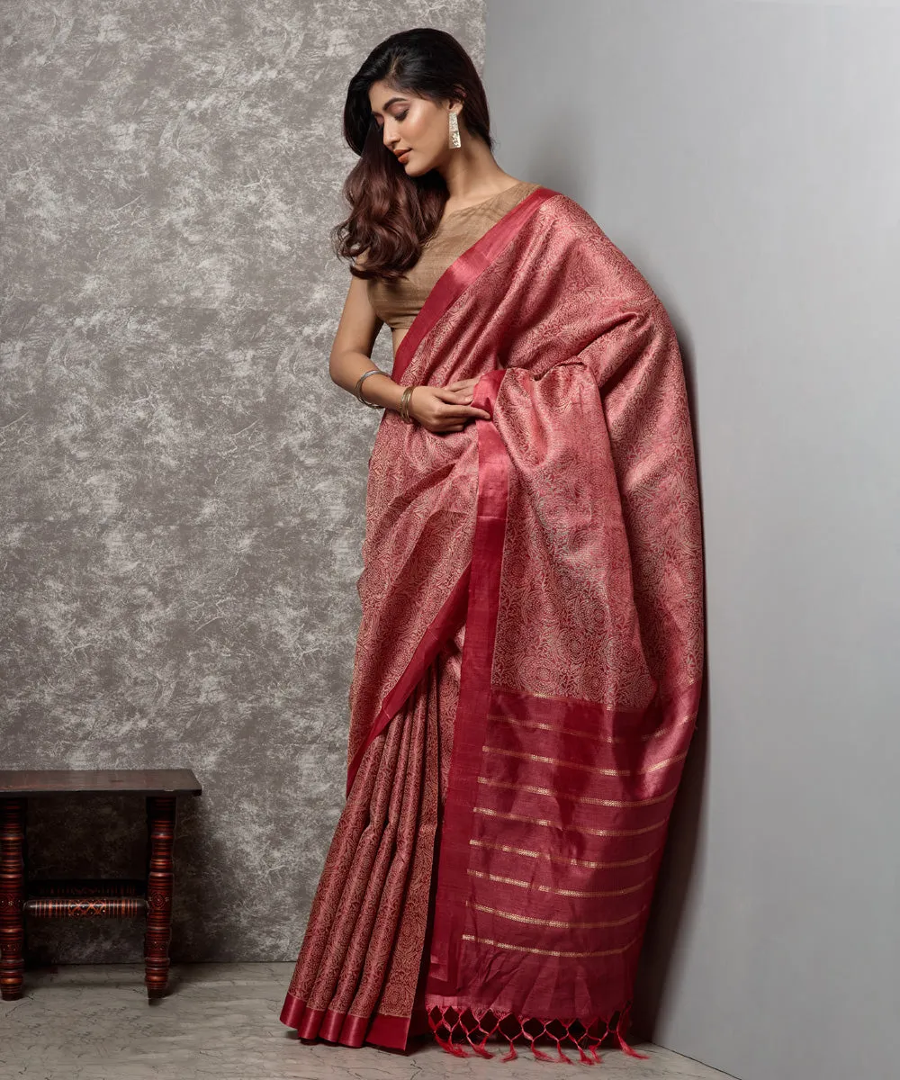 Red peach handwoven chhatisgarh tussar silk saree