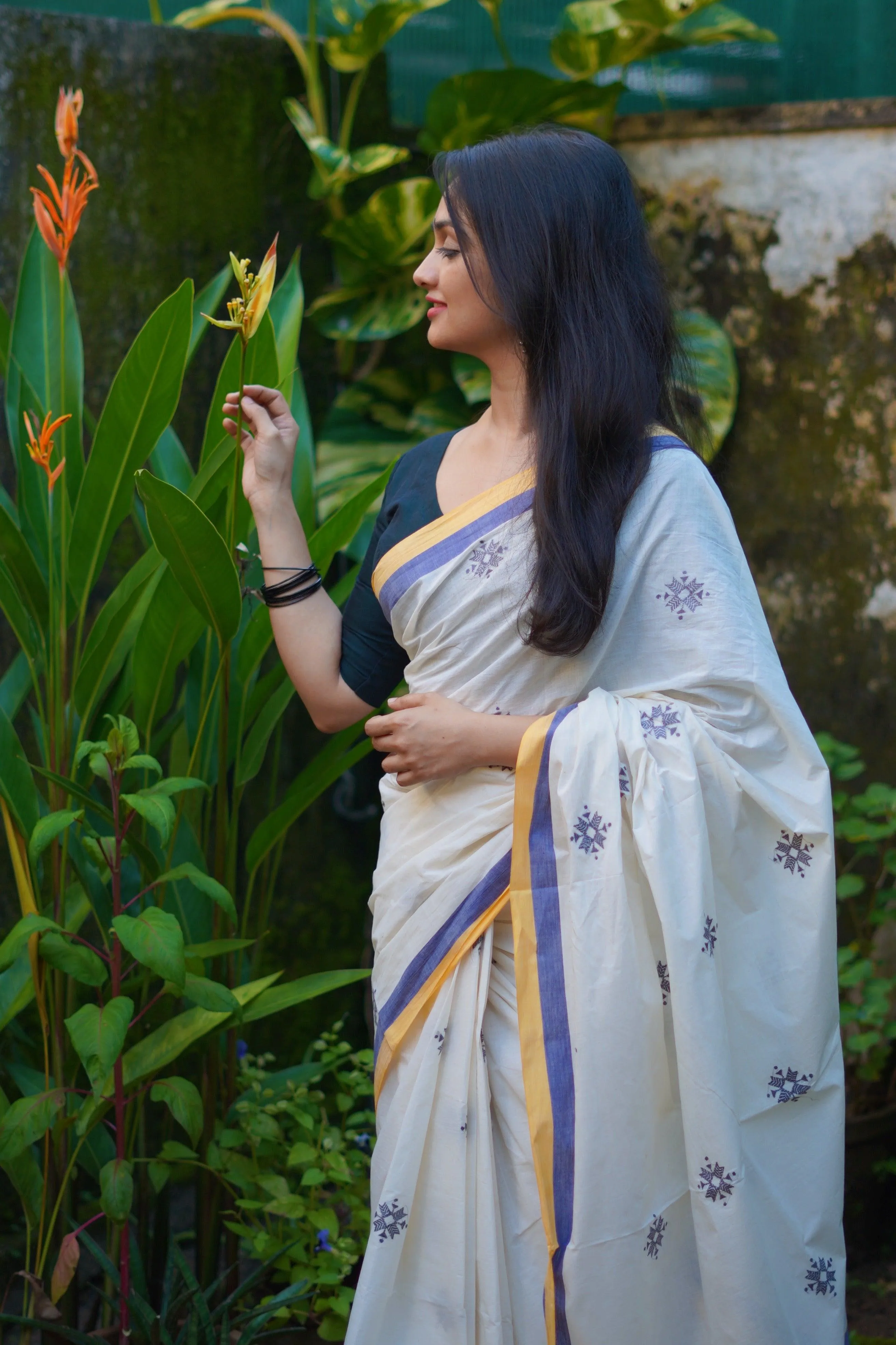 Sitara -  Navya Kerala cotton saree with Kantha work