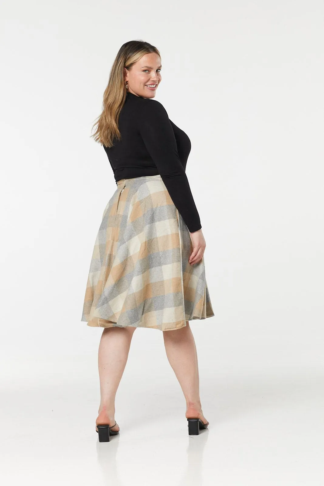 Sophie Beige Woollen Check Tartan Midi Swing Skirt