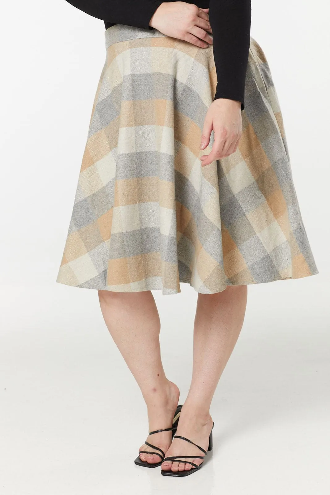 Sophie Beige Woollen Check Tartan Midi Swing Skirt