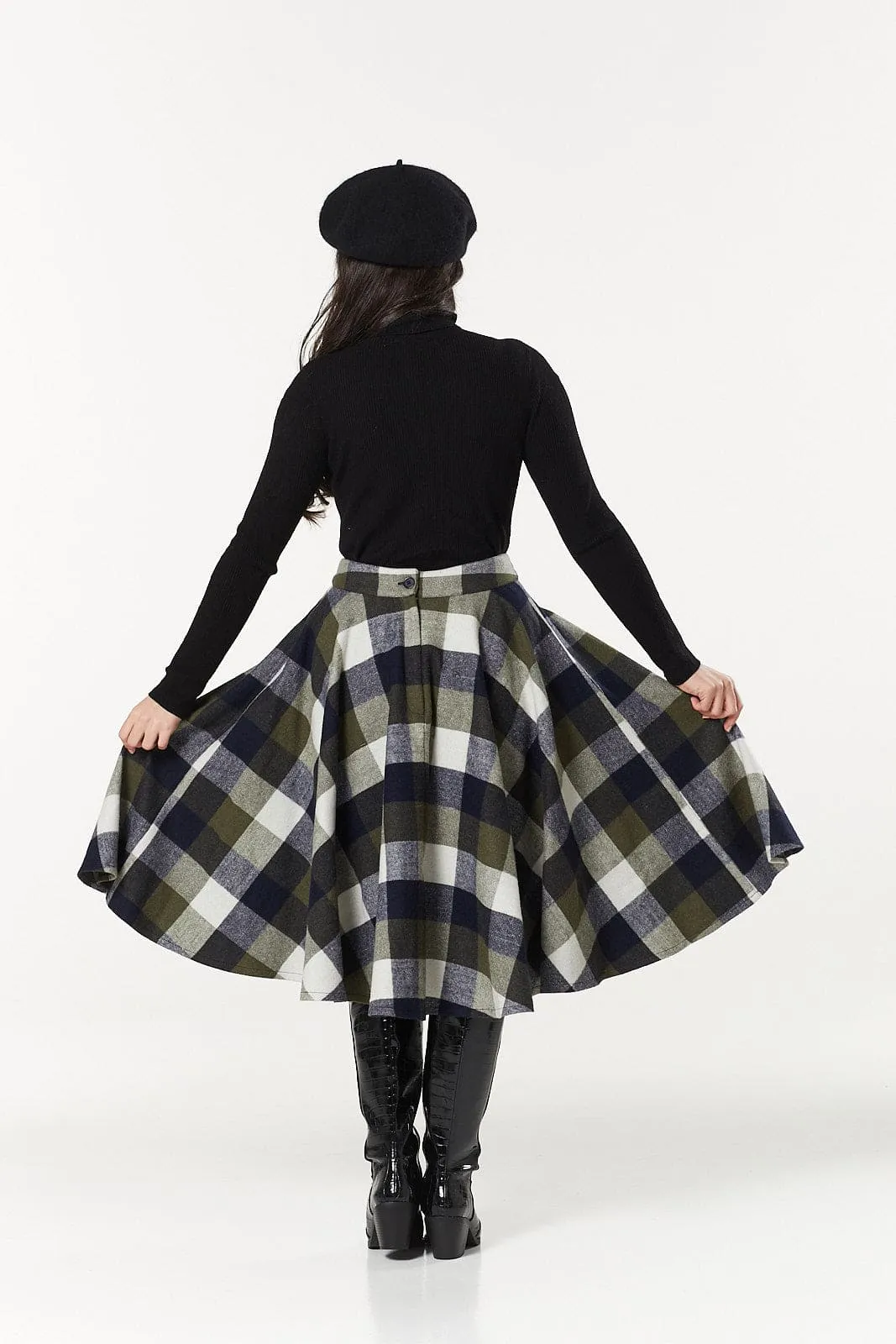 Sophie Navy & Khaki Woollen Check Tartan Midi Swing Skirt