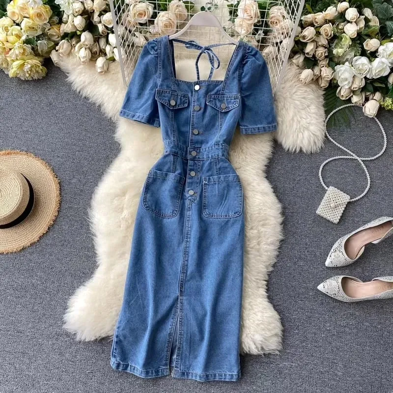 Square Neck Denim Pocket Dress