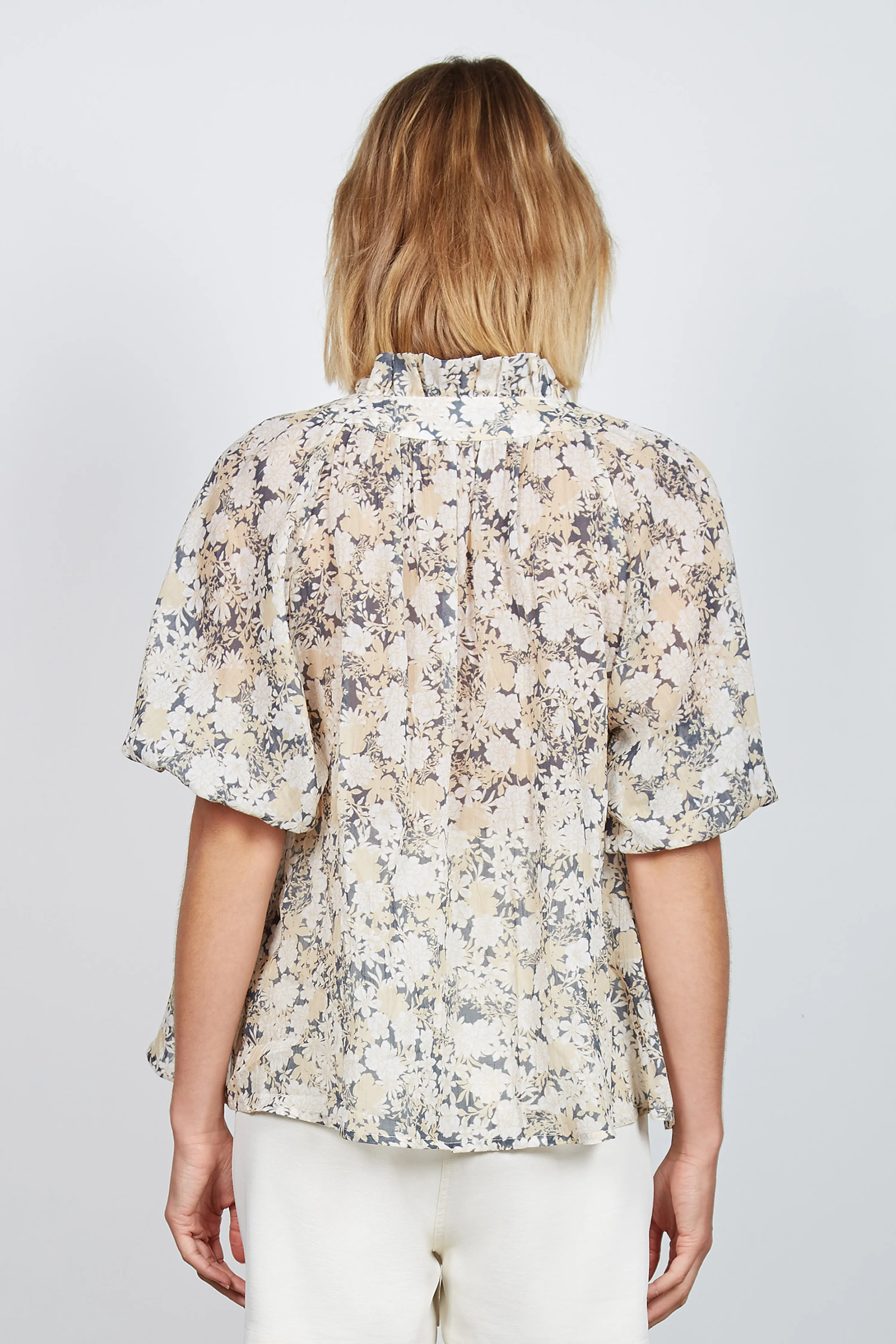 Sundance Ivory Floral Floaty Puff Sleeve Tie Neck Top