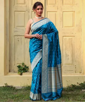 Teal blue handwoven banarasi silk saree