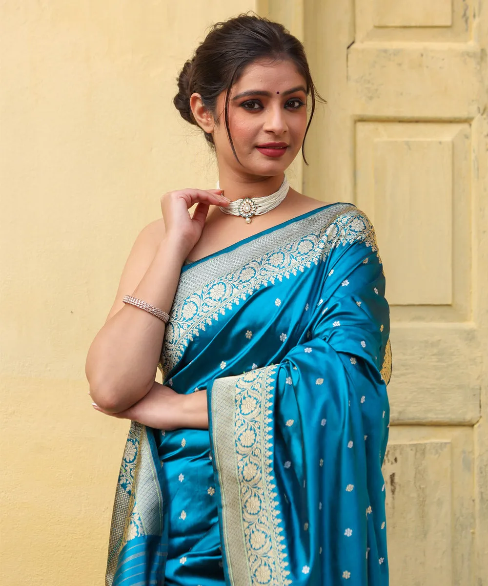 Teal blue handwoven banarasi silk saree