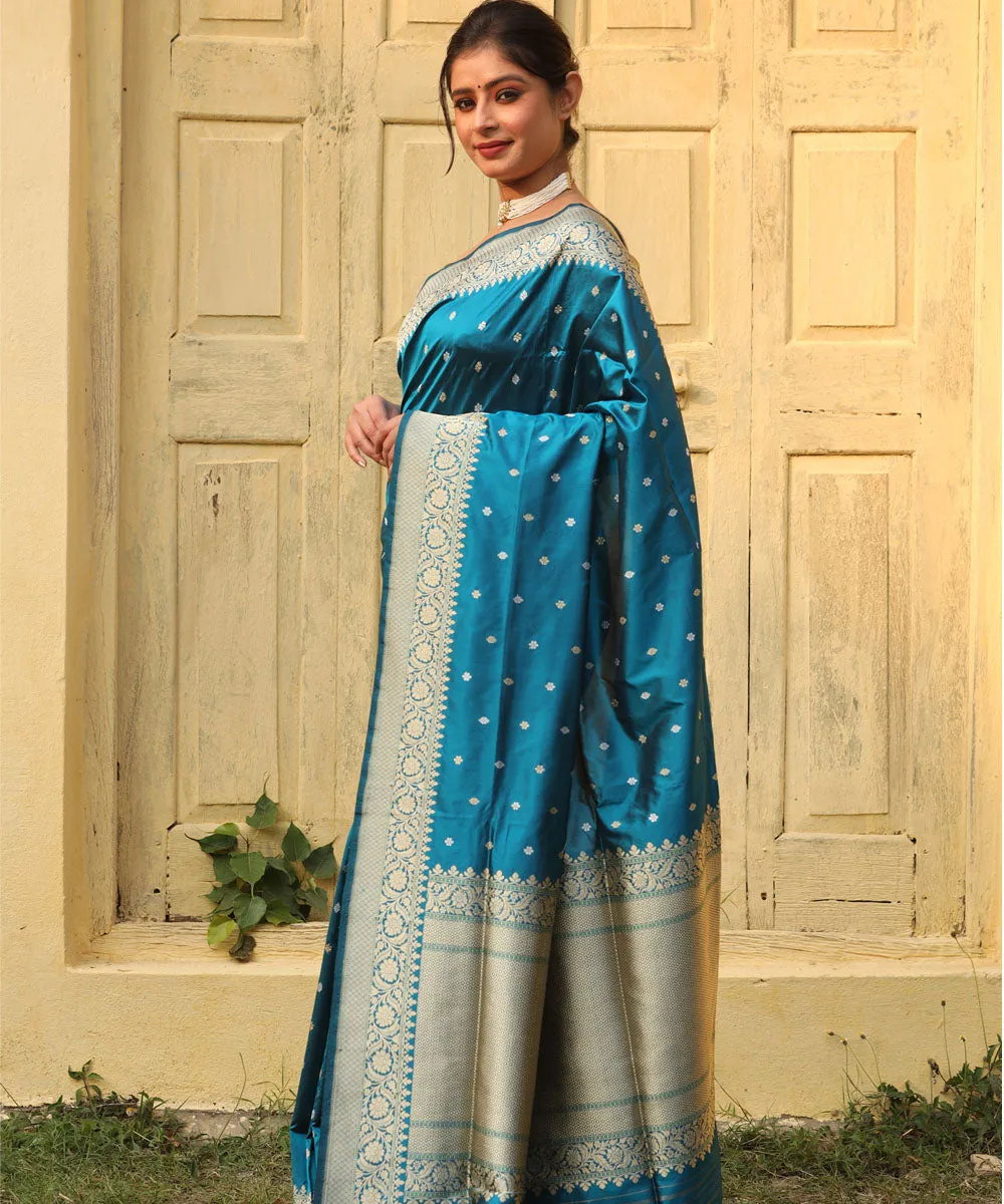 Teal blue handwoven banarasi silk saree