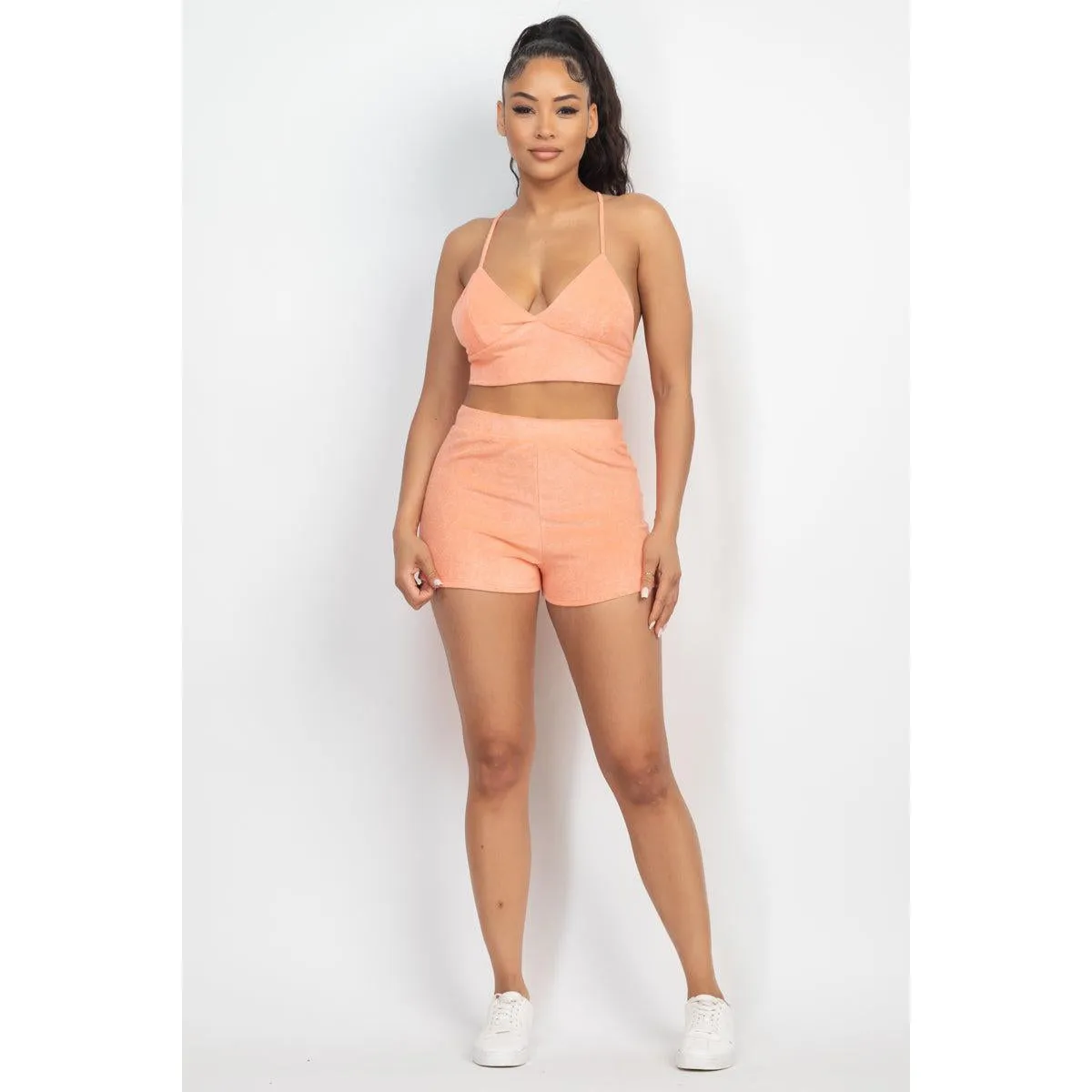 Terry Towel Bralette Top & Mini Shorts Set