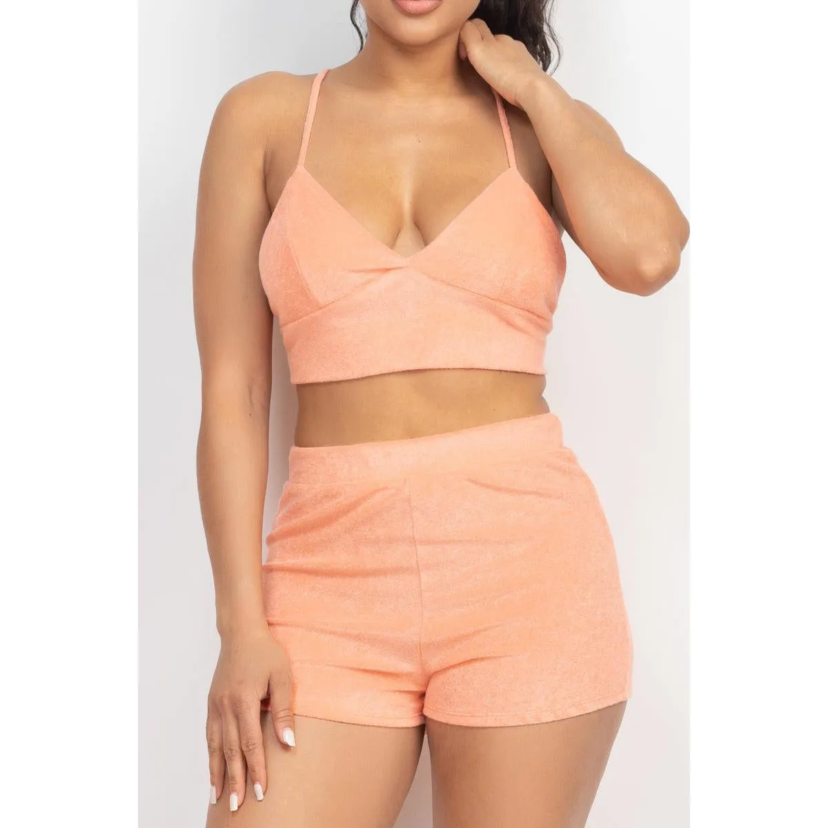 Terry Towel Bralette Top & Mini Shorts Set