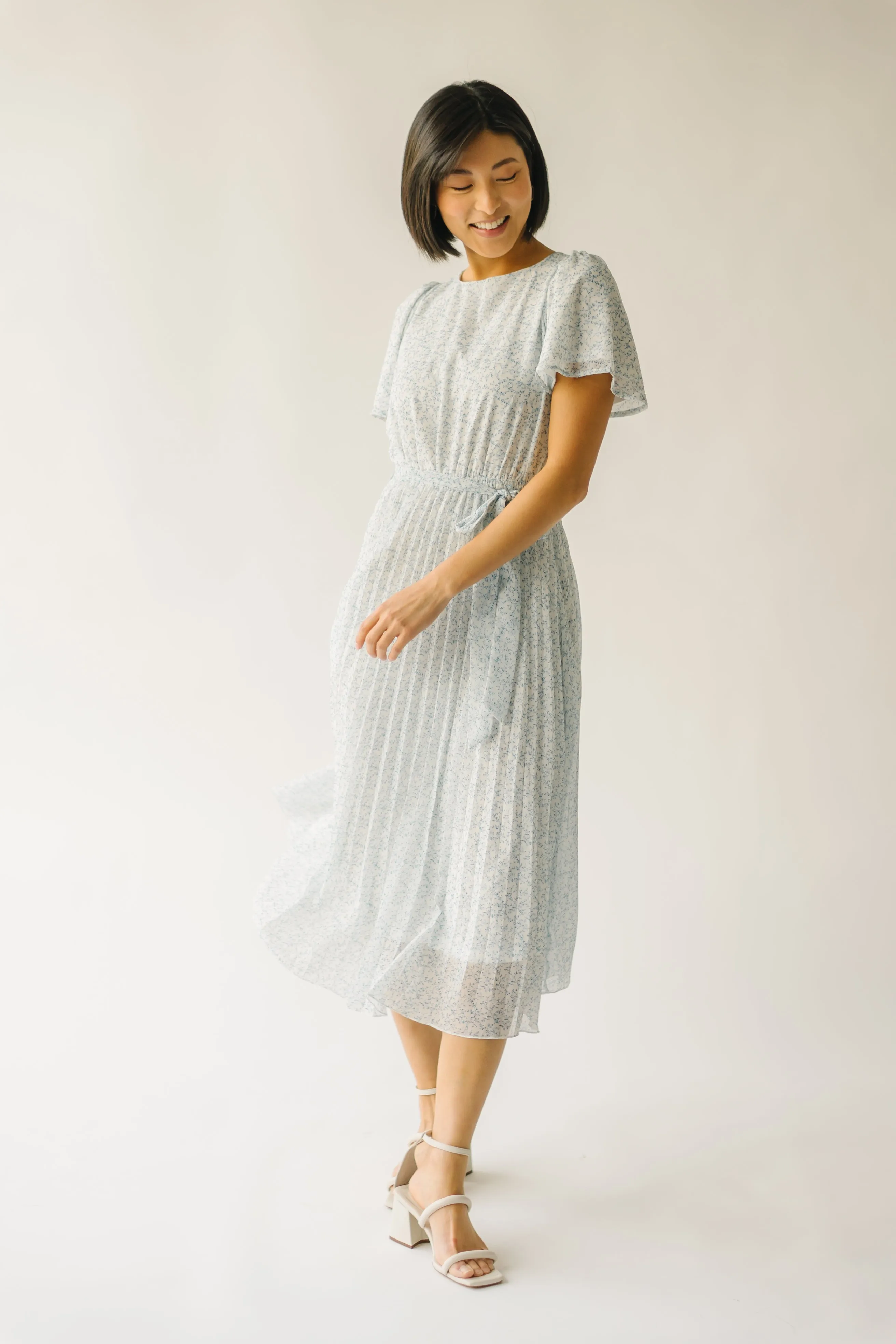 The Thornhill Pleated Midi Dress in Ivory   Blue Floral