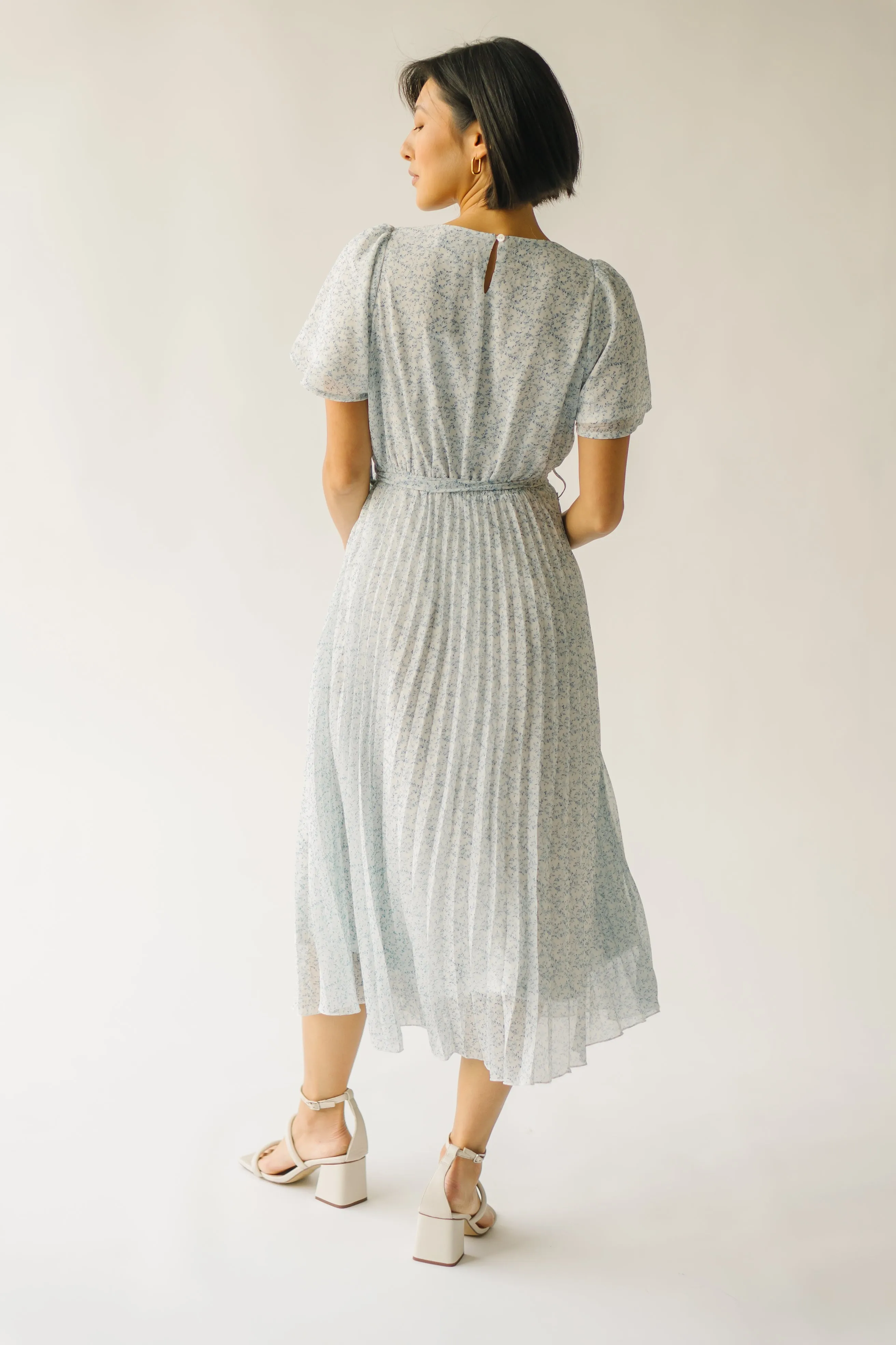 The Thornhill Pleated Midi Dress in Ivory   Blue Floral