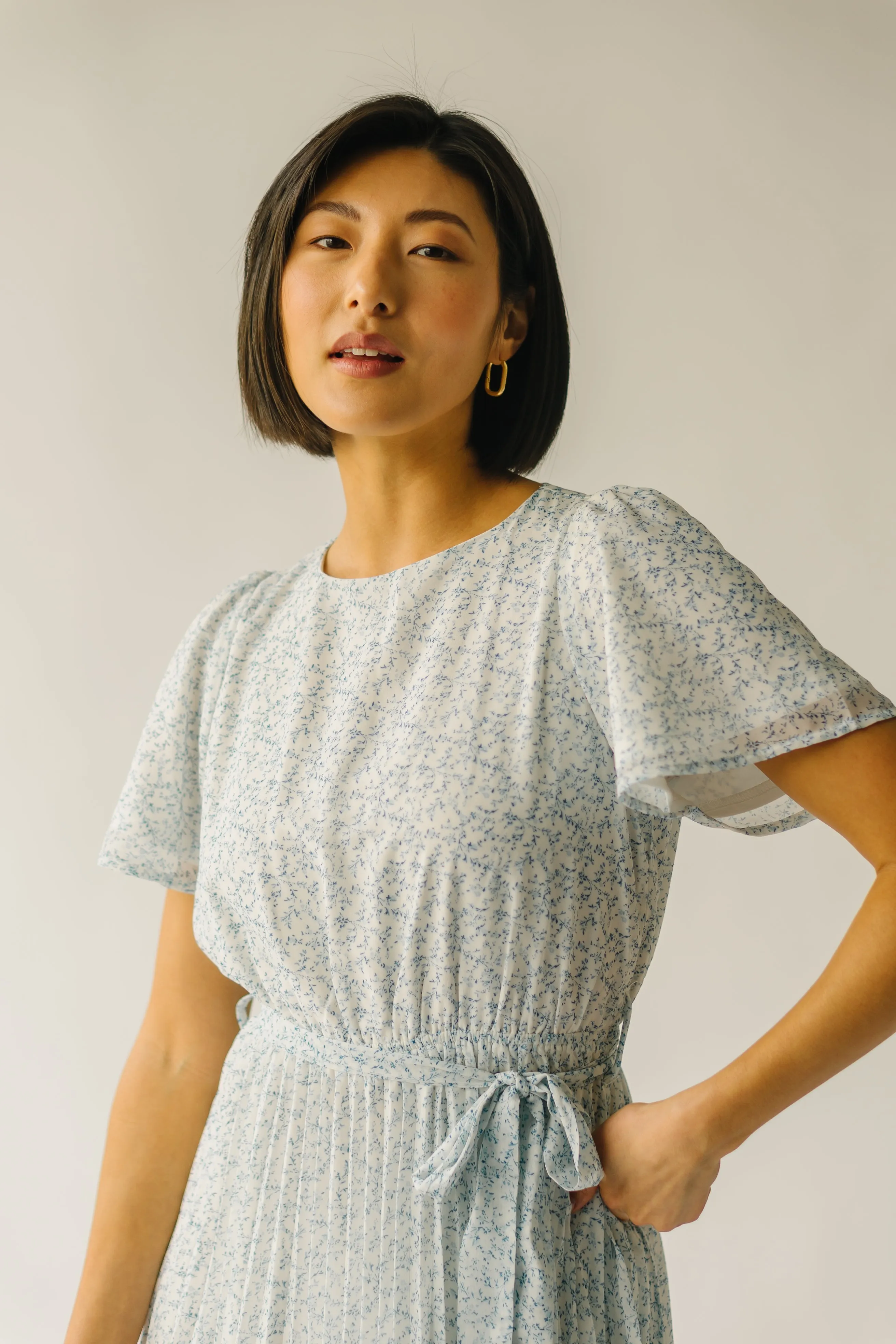 The Thornhill Pleated Midi Dress in Ivory   Blue Floral