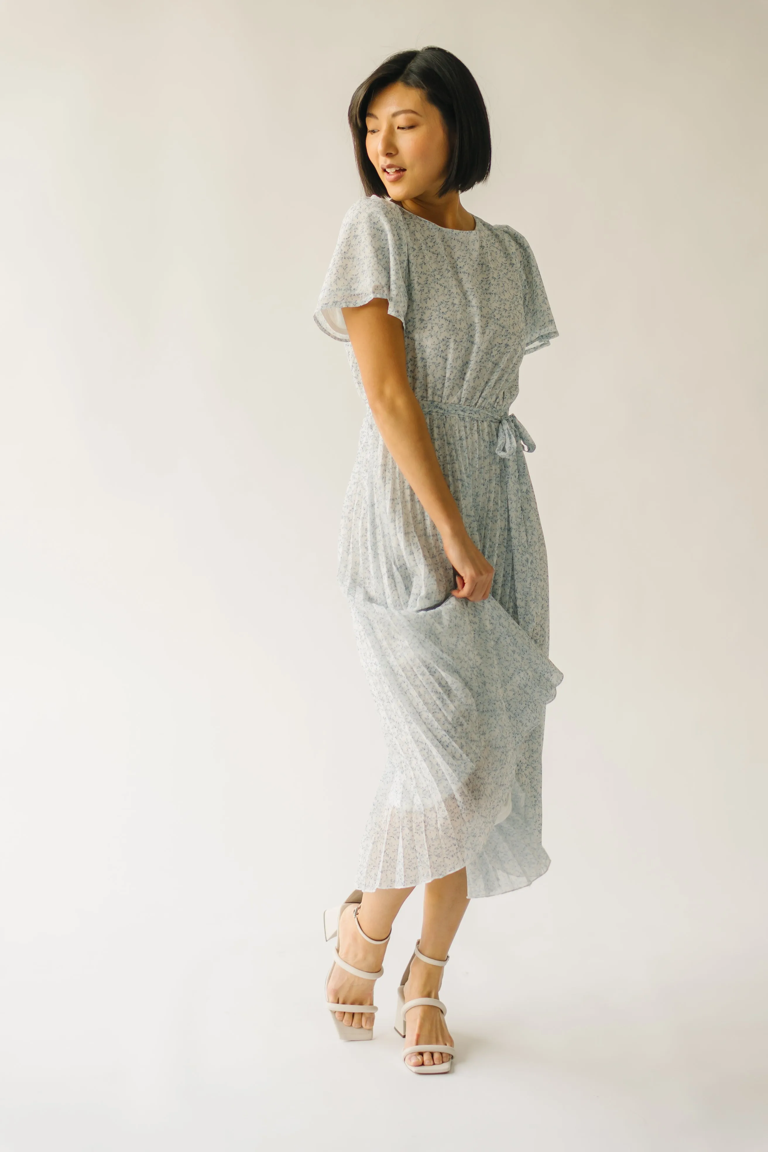 The Thornhill Pleated Midi Dress in Ivory   Blue Floral