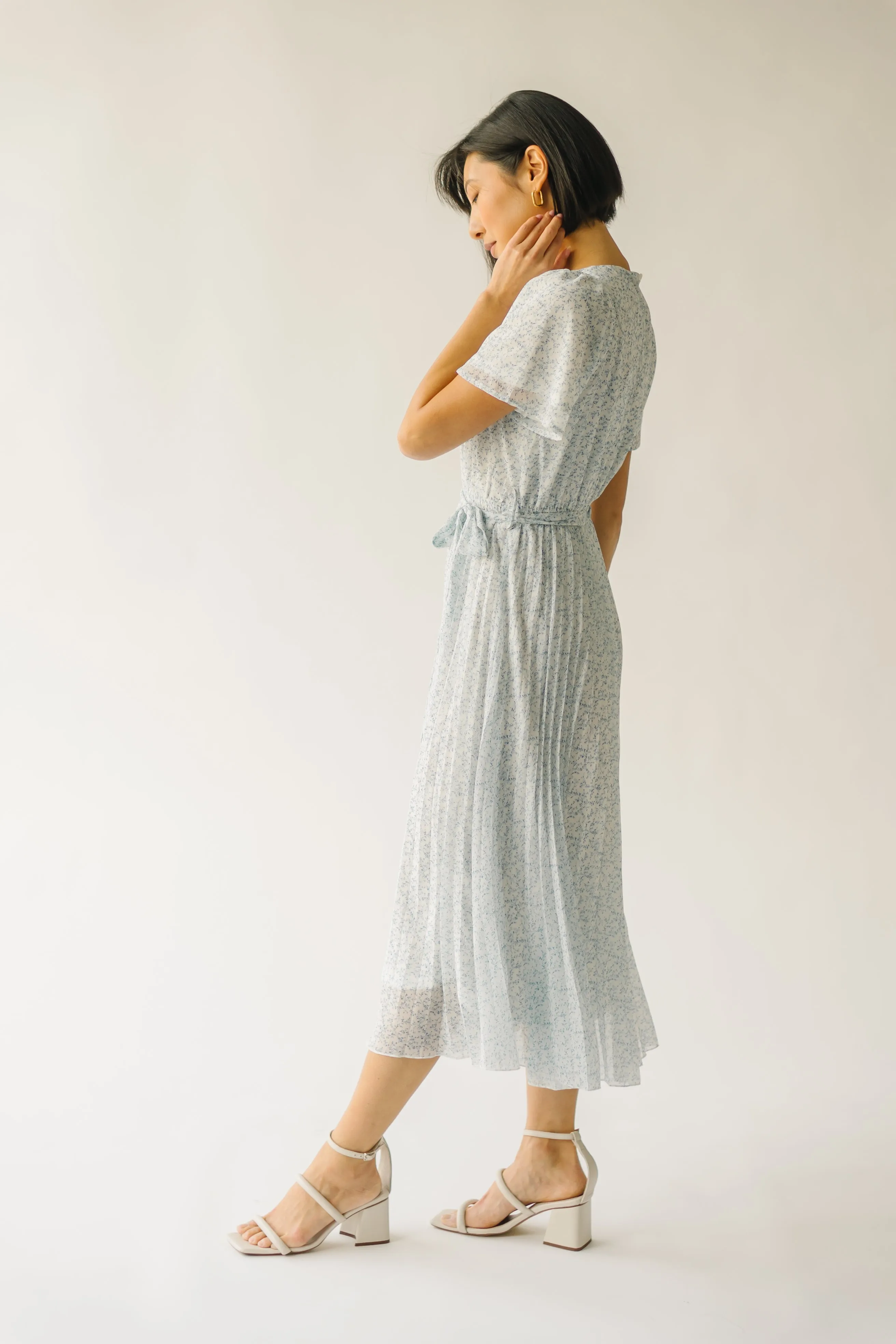 The Thornhill Pleated Midi Dress in Ivory   Blue Floral