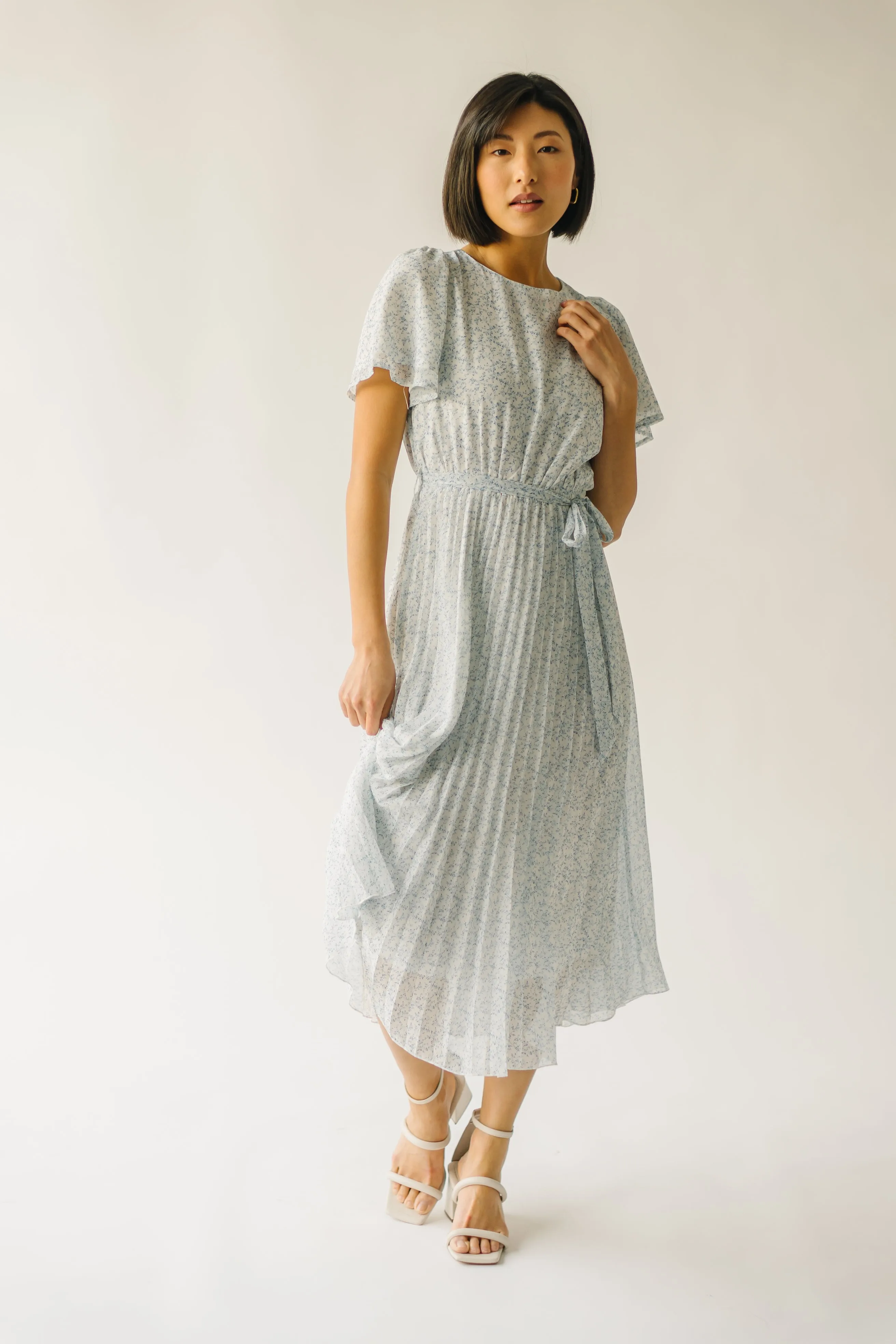 The Thornhill Pleated Midi Dress in Ivory   Blue Floral