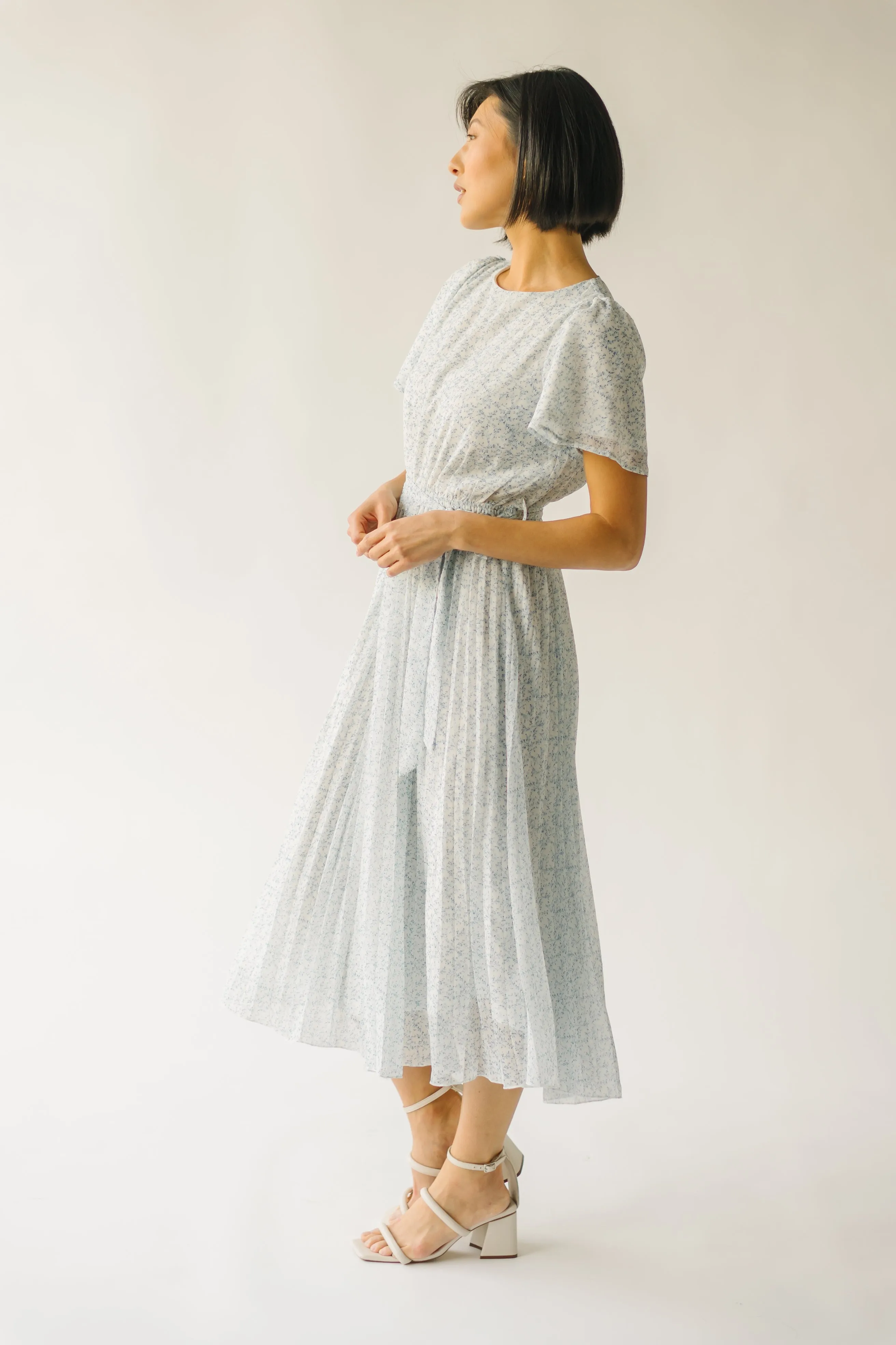 The Thornhill Pleated Midi Dress in Ivory   Blue Floral