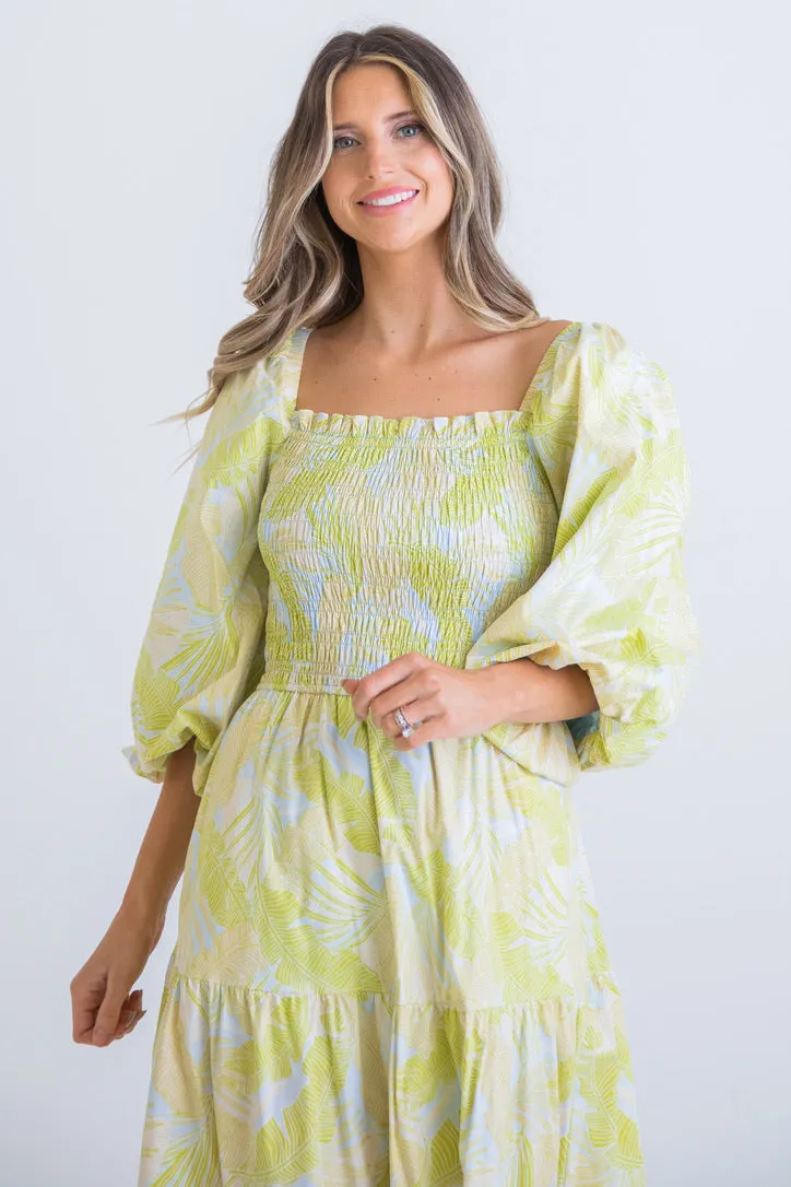 Tropical Leaf Smock Maxi Dress