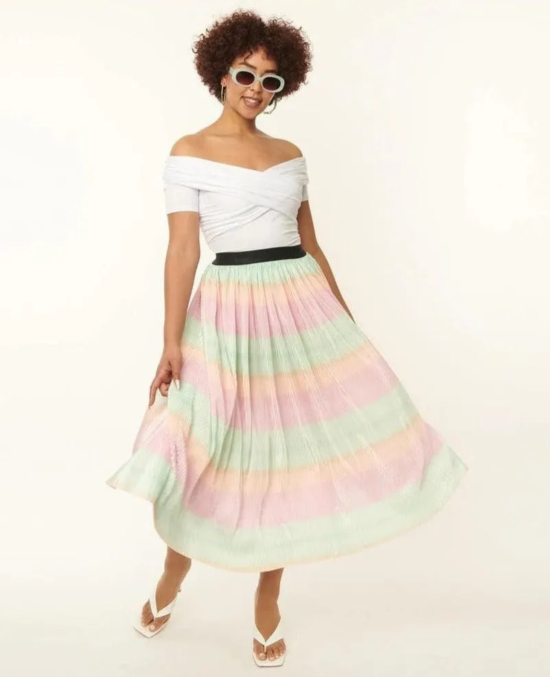 Unique Vintage Pastel Ombre Pleated Hilty Skirt