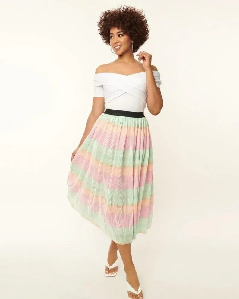 Unique Vintage Pastel Ombre Pleated Hilty Skirt