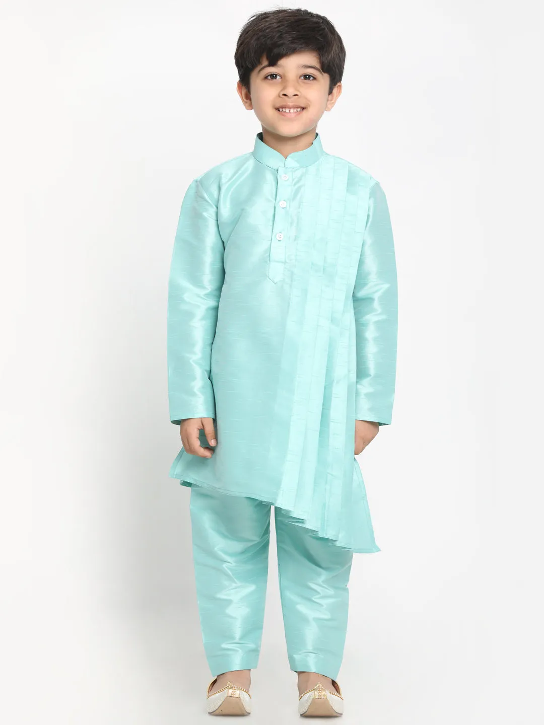 Vastramay Boy's Mint Green Asymmetric Kurta With Floral Printed Jacket And Pyjama Set